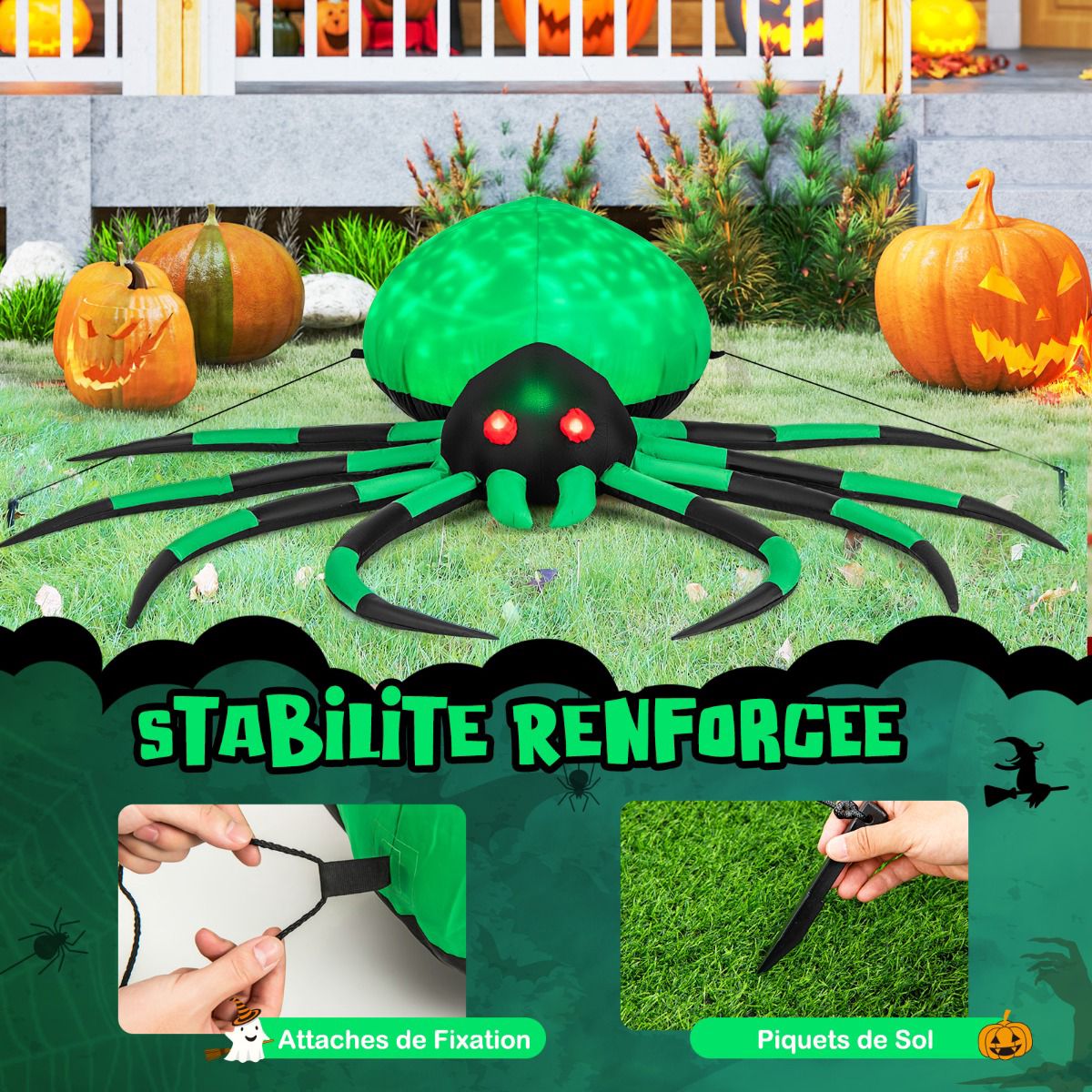 Inflatable Halloween Spider, Rotating LED Lights, 200cm