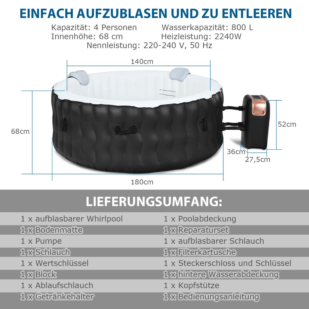 Inflatable Hot Tub 180cm, 108 Jets, Heated, 4-Person, Black