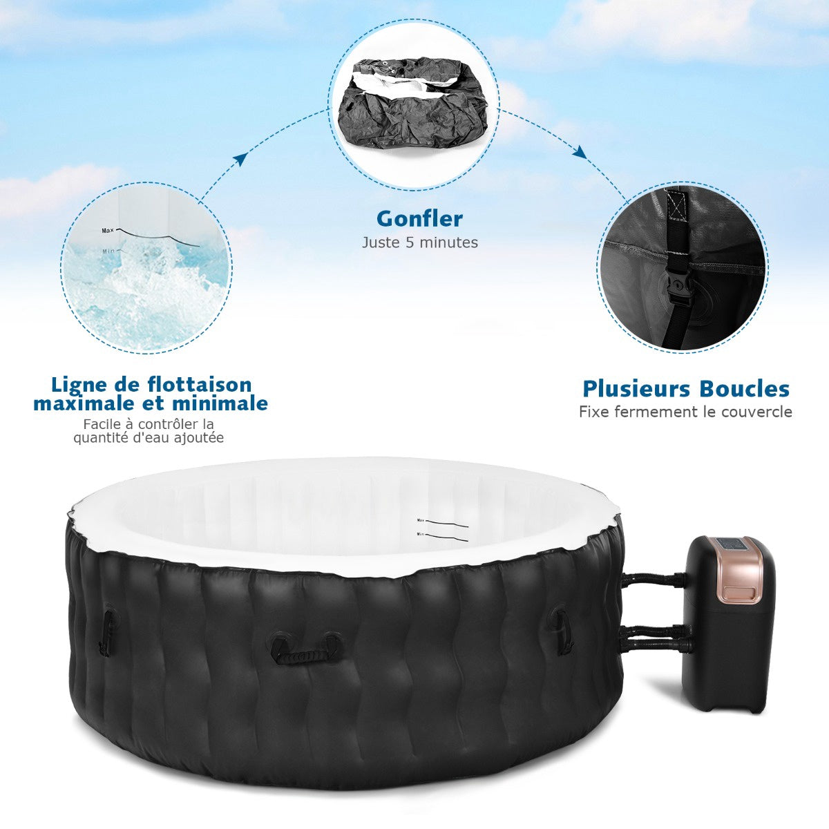 Inflatable Hot Tub, 4-Person, 108 Bubble Jets, Black