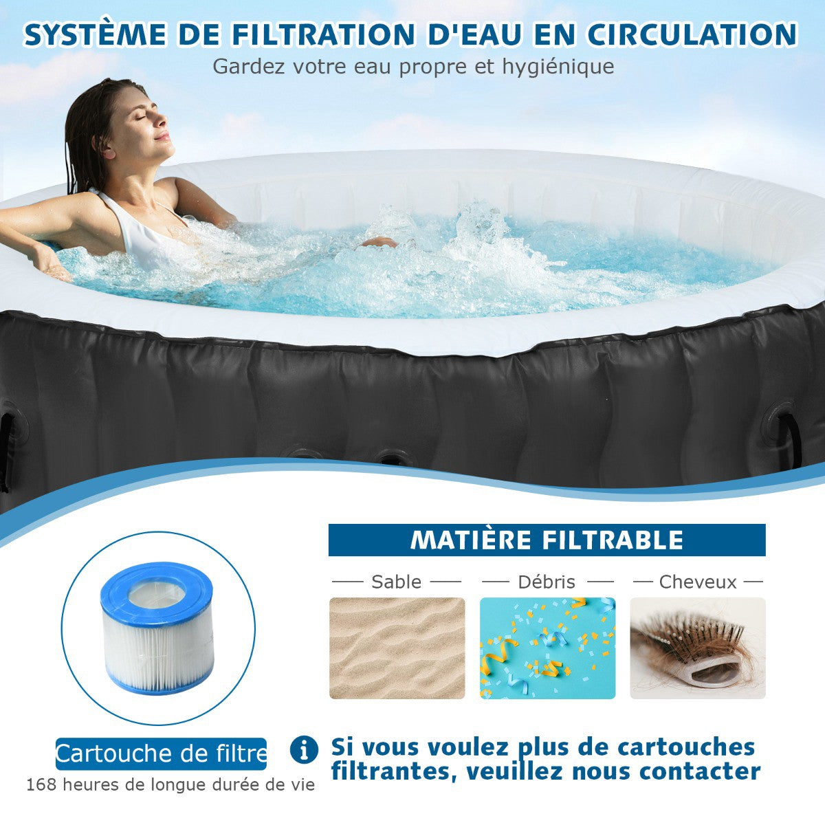 Inflatable Hot Tub, 4-Person, 108 Bubble Jets, Black