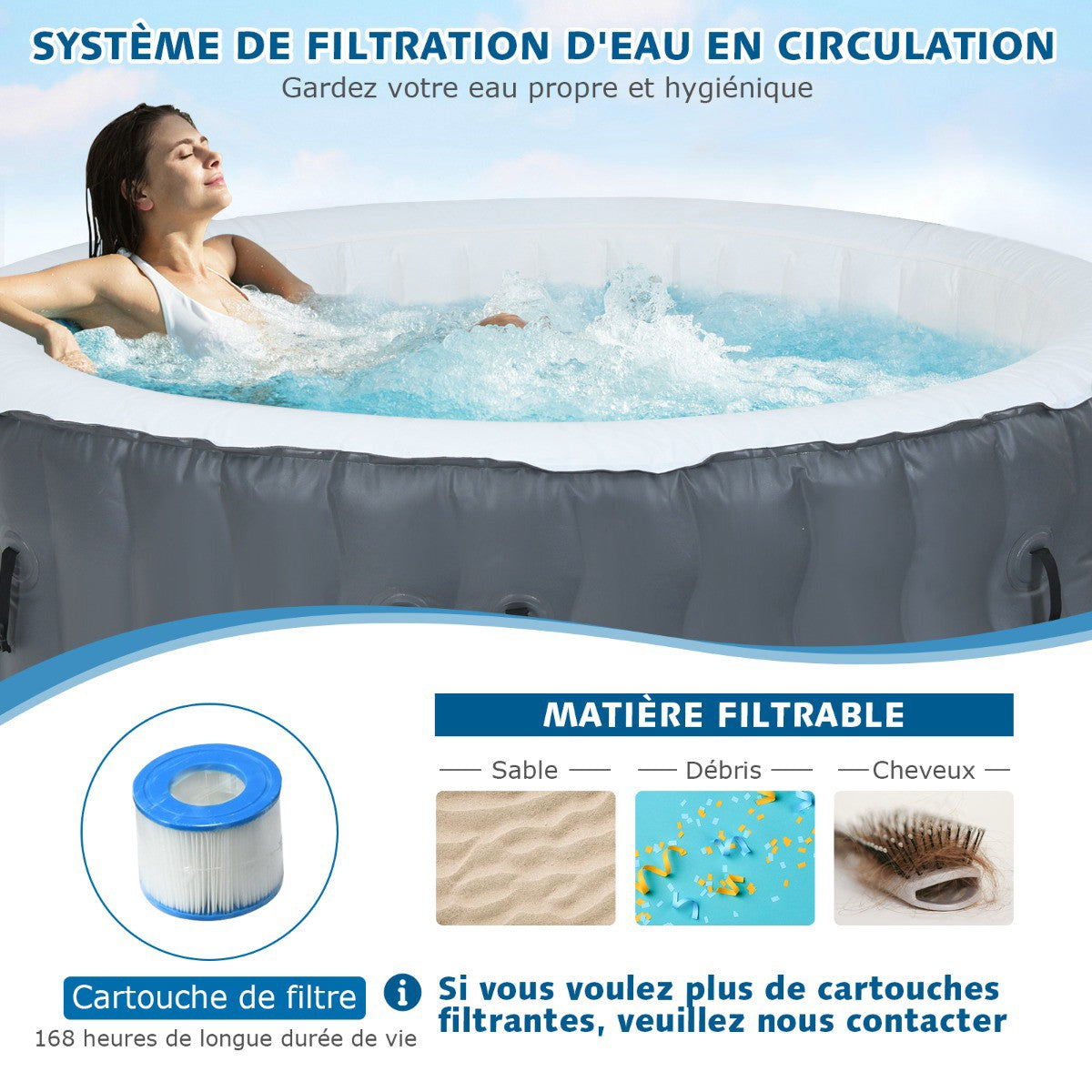 Inflatable Hot Tub, 4-Person, 108 Bubble Jets, Grey