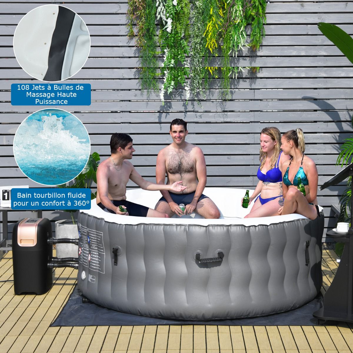 Inflatable Hot Tub, 4-Person, 108 Bubble Jets, Grey