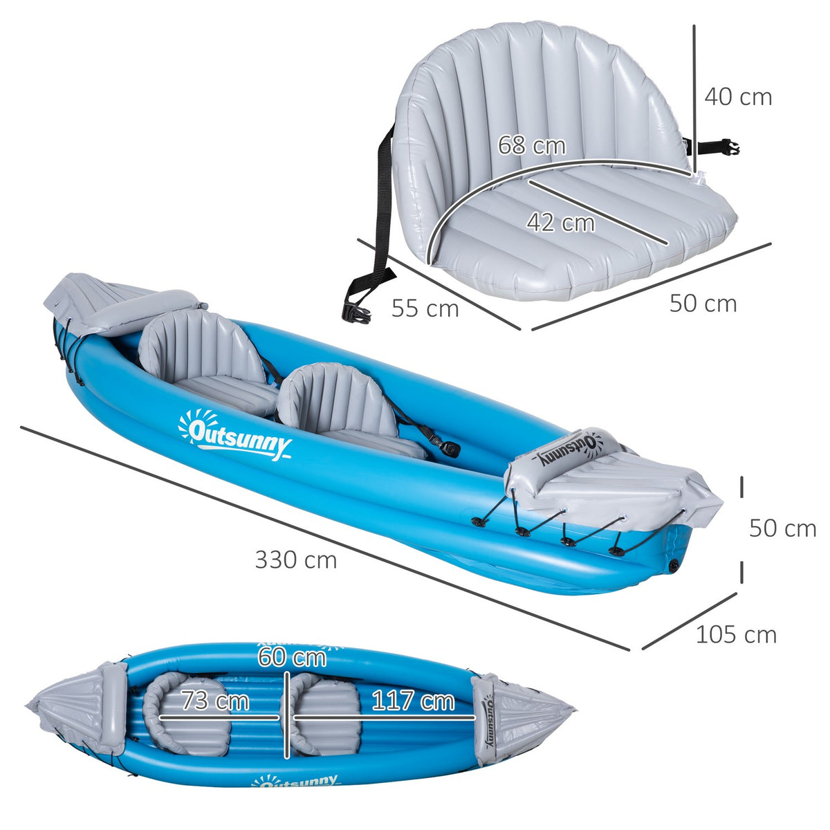 Inflatable Kayaks 2-Person Dinghy Canoe With Air Chamber Unisex Pvc Steel Blue Grey