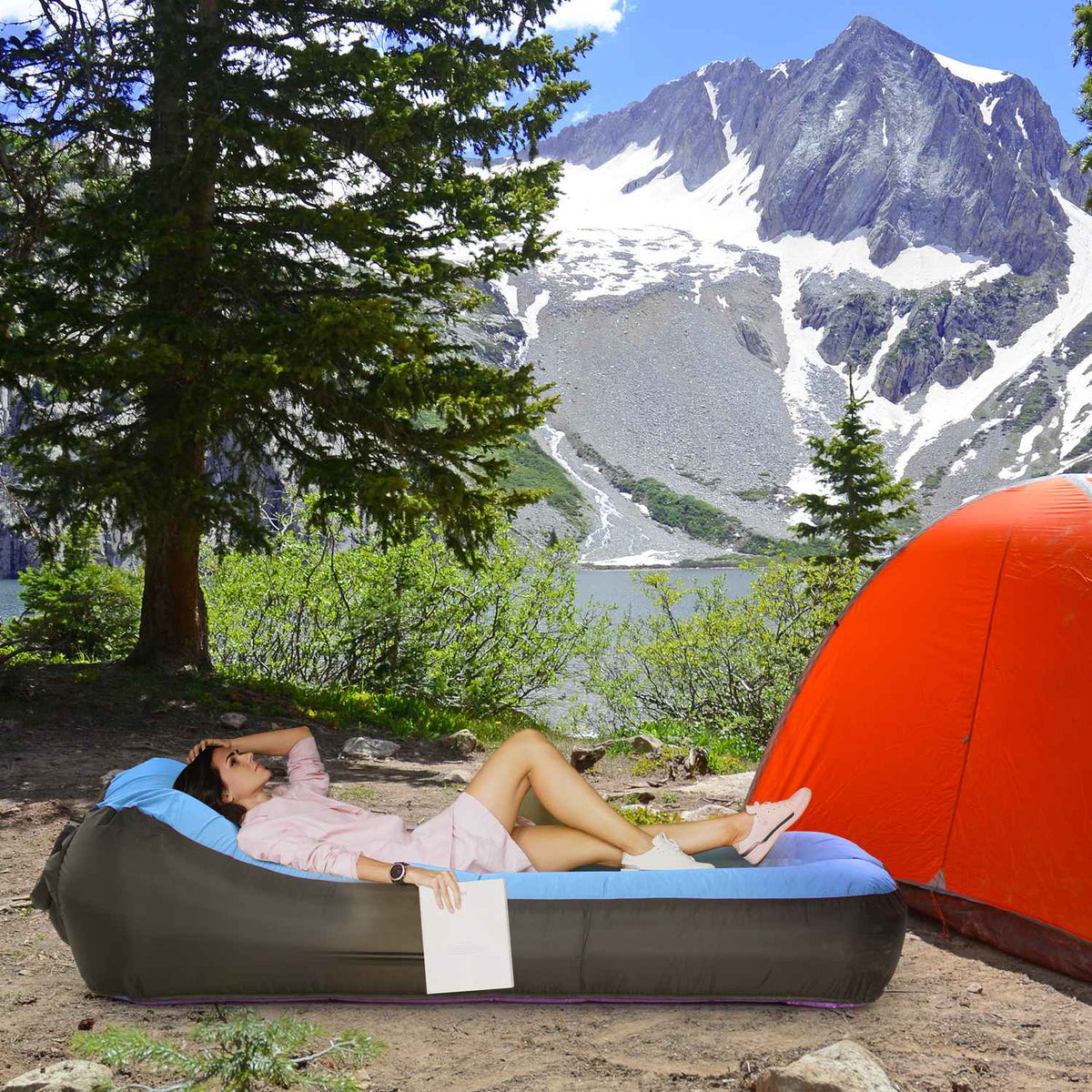 Inflatable Lounger Waterproof Self-Inflatable 200Kg Carry Bag Camping Blue