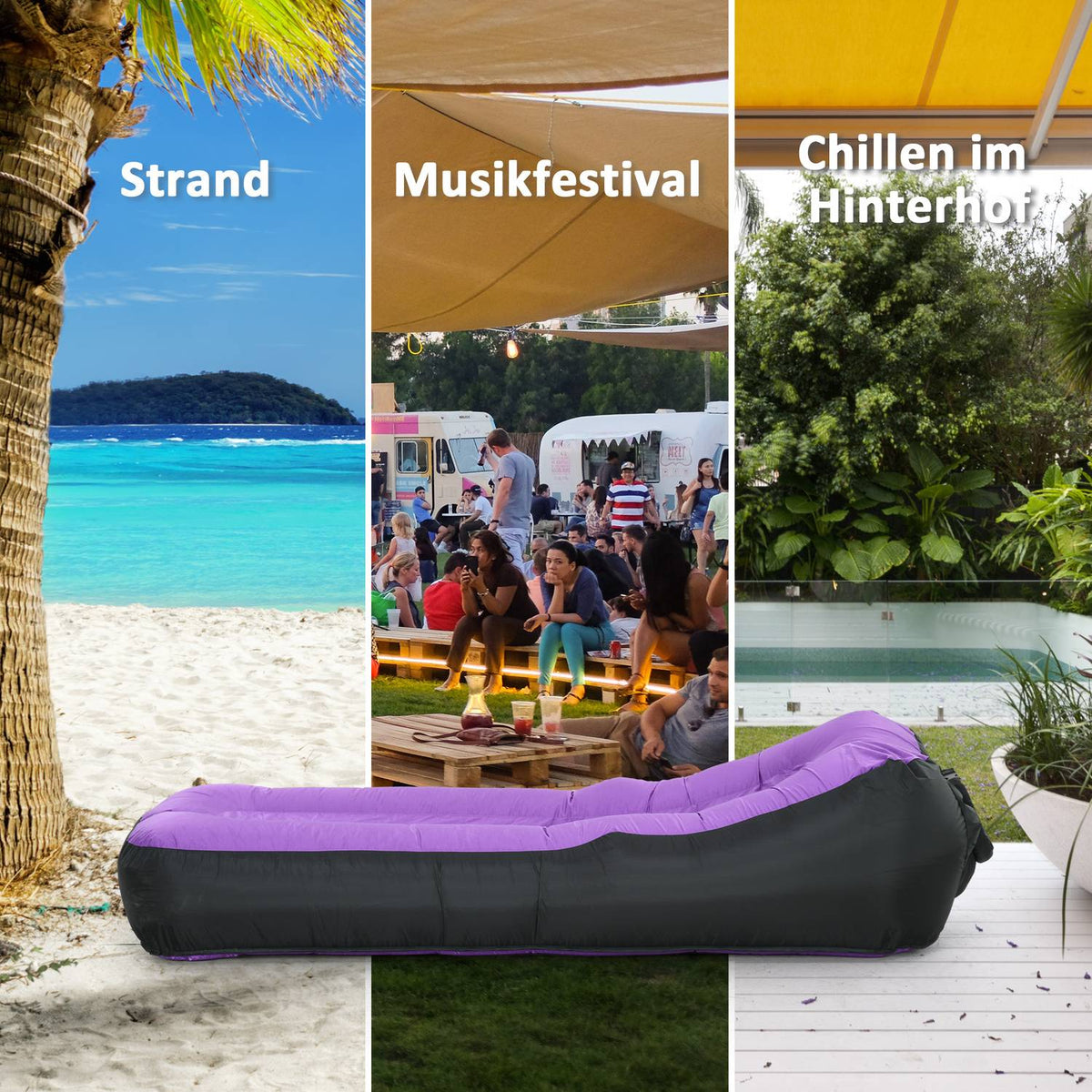 Inflatable Lounger Waterproof Self-Inflatable 200Kg Carry Bag Camping Purple