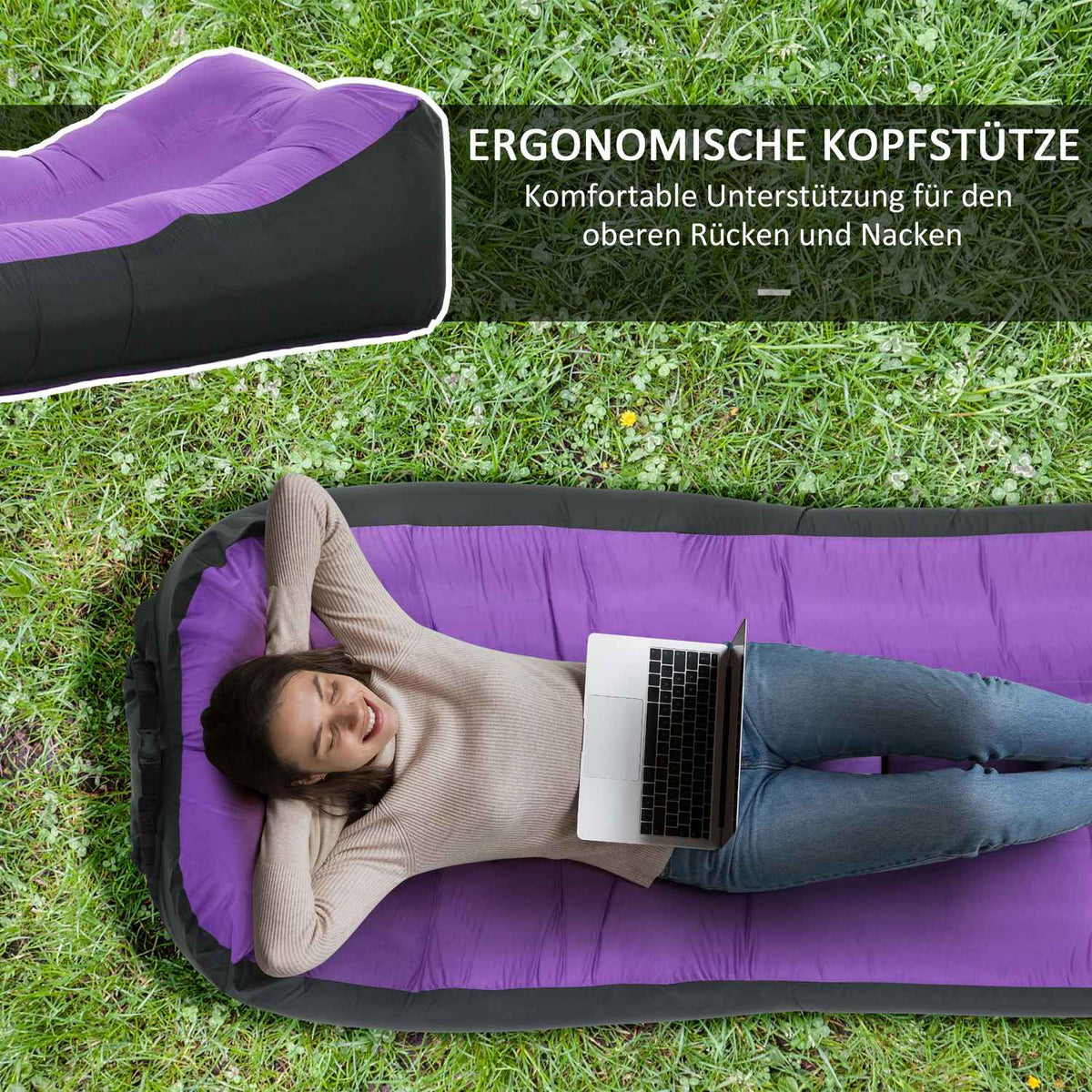 Inflatable Lounger Waterproof Self-Inflatable 200Kg Carry Bag Camping Purple