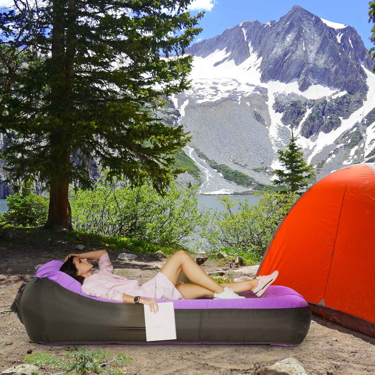 Inflatable Lounger Waterproof Self-Inflatable 200Kg Carry Bag Camping Purple