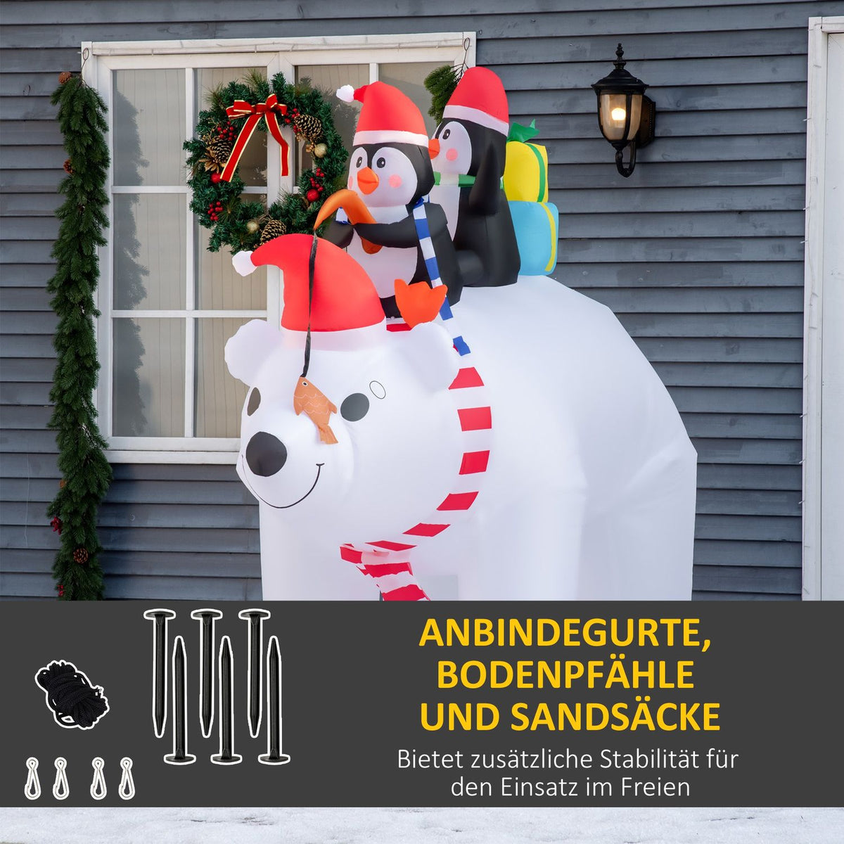 Inflatable Penguins On Polar Bear 2.1M Christmas Decoration With Lights Automatic Inflation Weatherproof Polyester 227 X 113 X 206 Cm