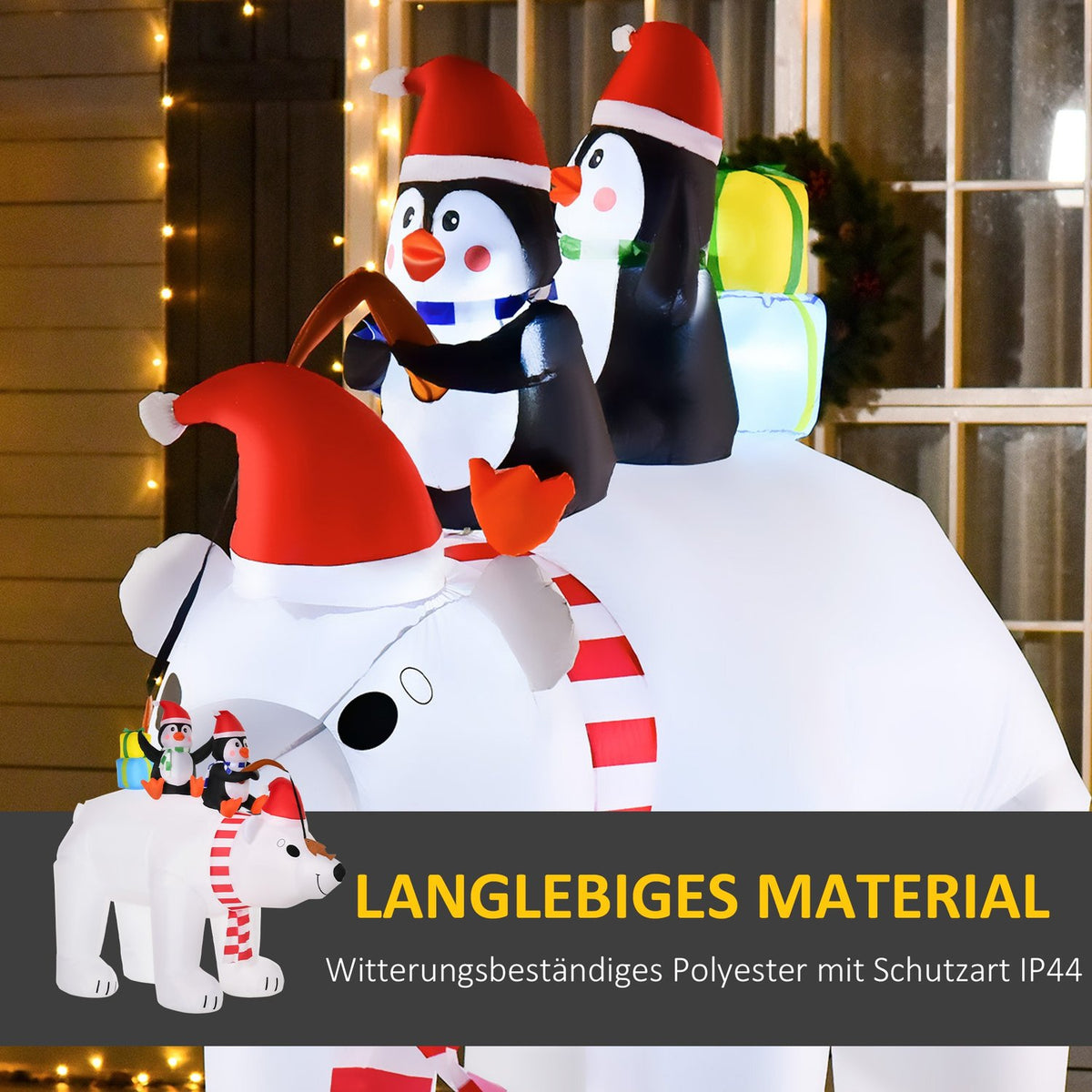 Inflatable Penguins On Polar Bear 2.1M Christmas Decoration With Lights Automatic Inflation Weatherproof Polyester 227 X 113 X 206 Cm