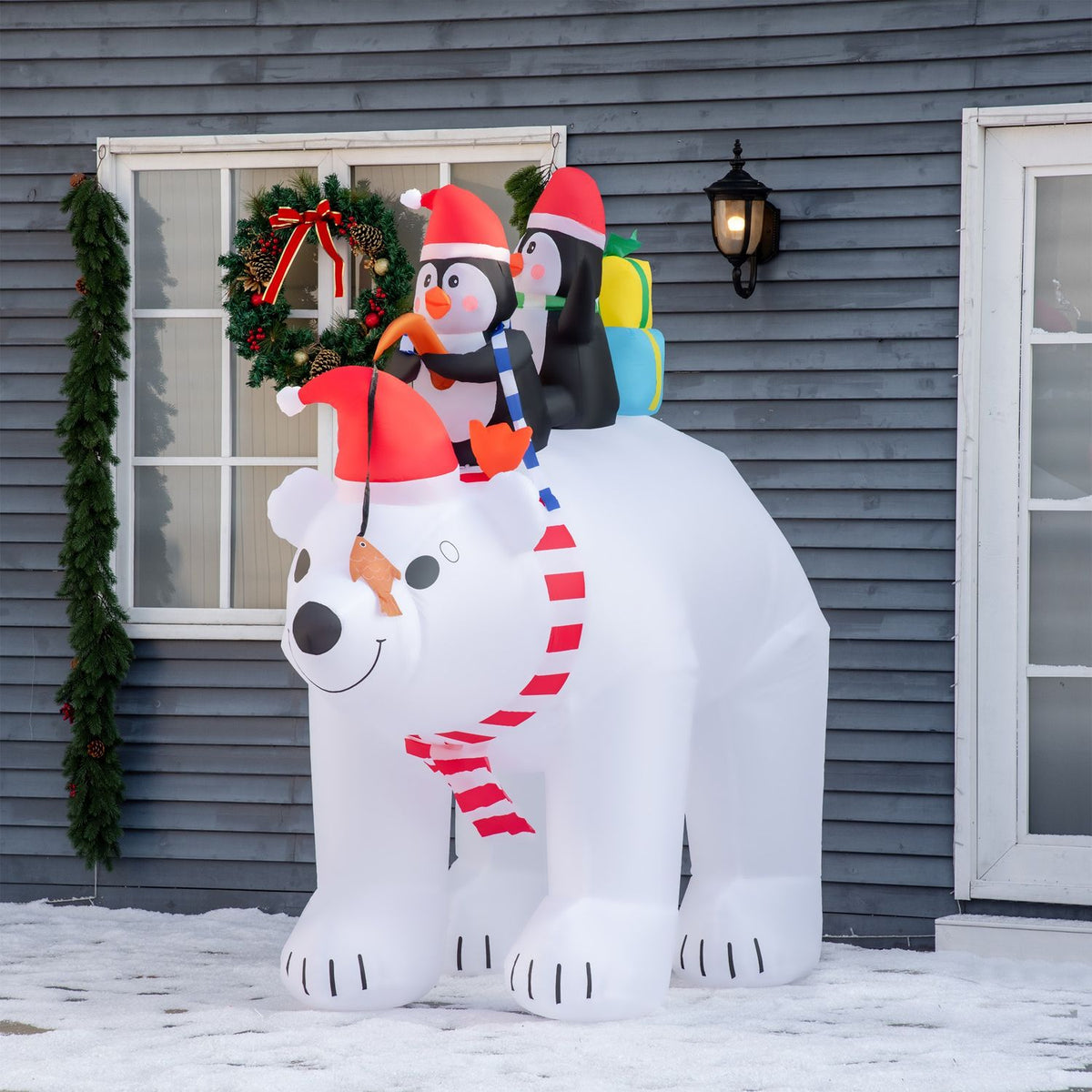 Inflatable Penguins On Polar Bear 2.1M Christmas Decoration With Lights Automatic Inflation Weatherproof Polyester 227 X 113 X 206 Cm