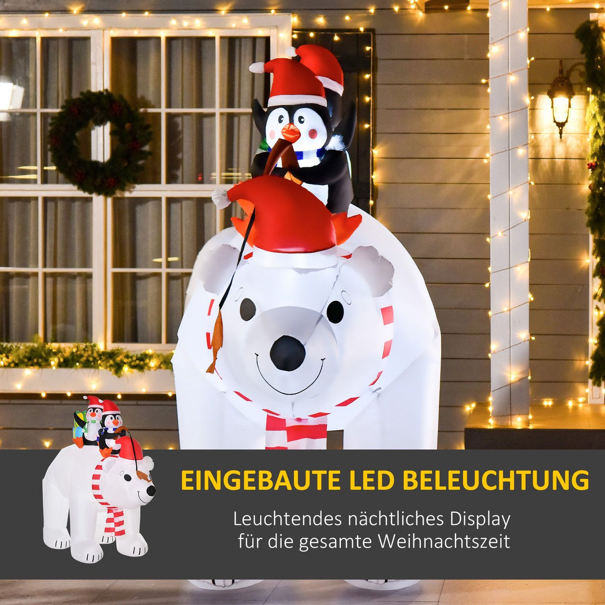 Inflatable Penguins On Polar Bear 2.1M Christmas Decoration With Lights Automatic Inflation Weatherproof Polyester 227 X 113 X 206 Cm