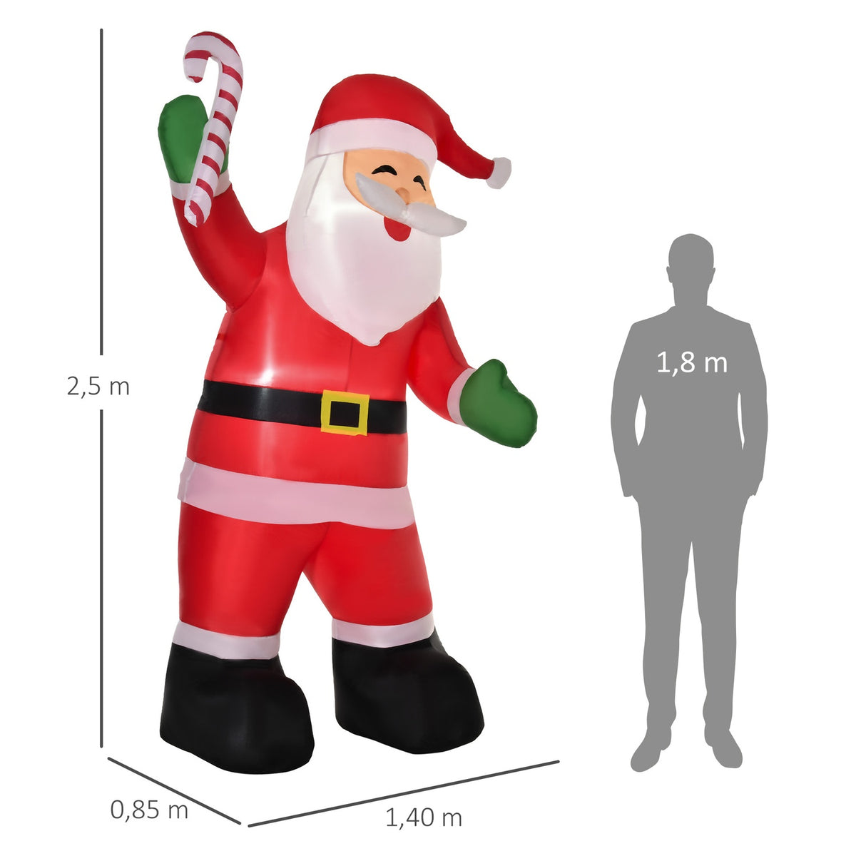 Inflatable Santa Claus With Candy Cane 250Cm Led With Blower Christmas Party Christmas Decoration White+Red+Green 140 X 85 X 250Cm