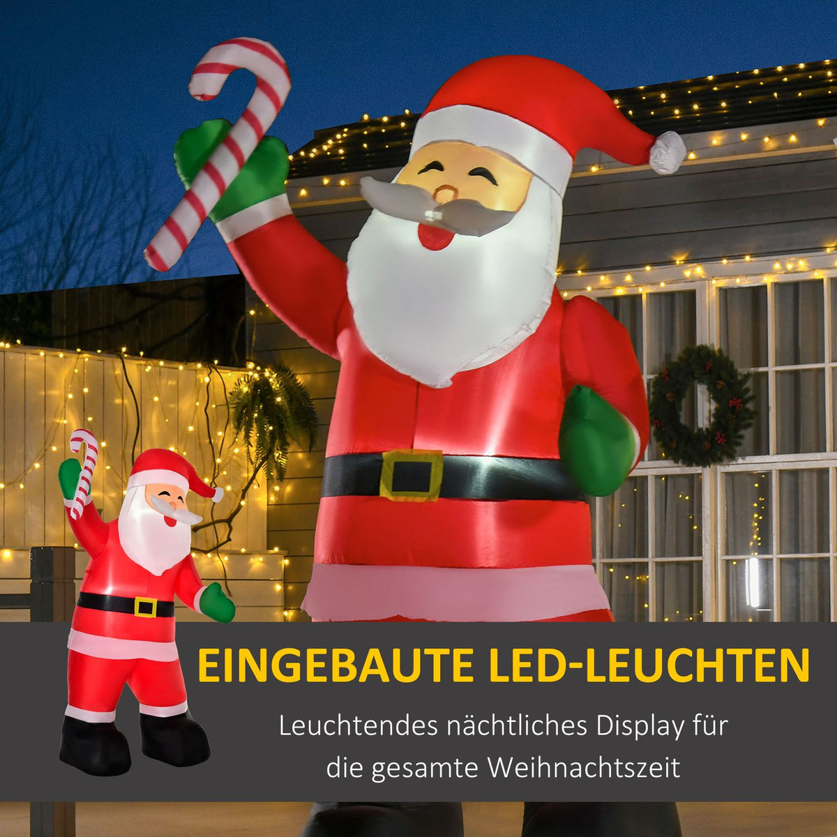 Inflatable Santa Claus With Candy Cane 250Cm Led With Blower Christmas Party Christmas Decoration White+Red+Green 140 X 85 X 250Cm