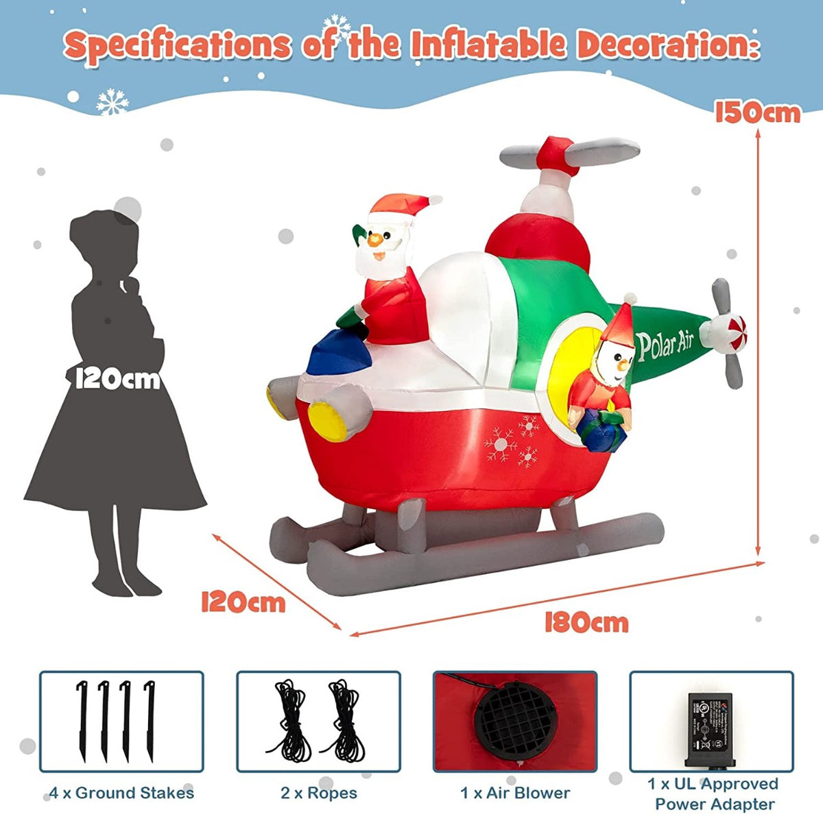 Inflatable Santa Helicopter, 180cm, LED Outdoor Decor