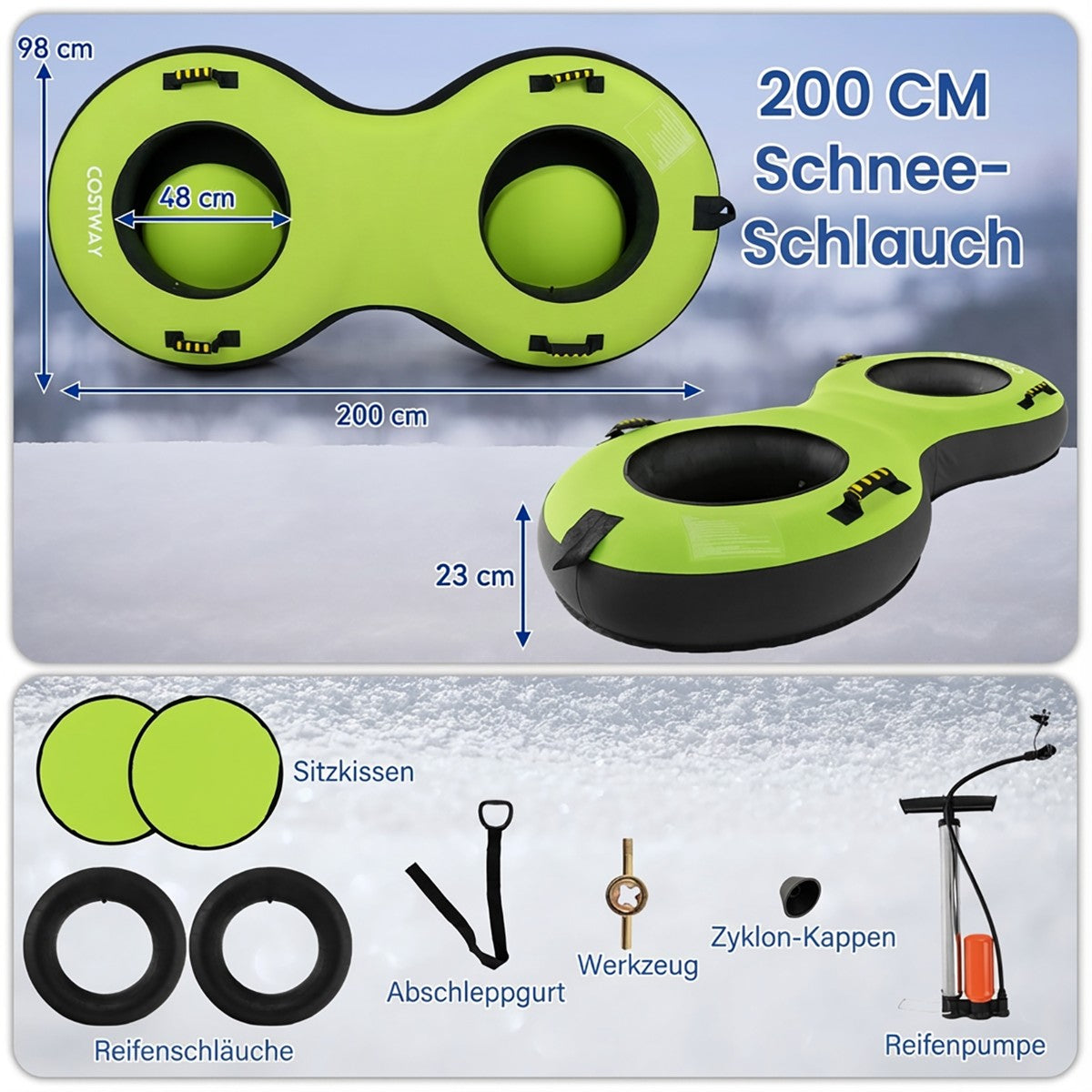 Inflatable Snow Tube for 2, Green, Includes Pump & Handles