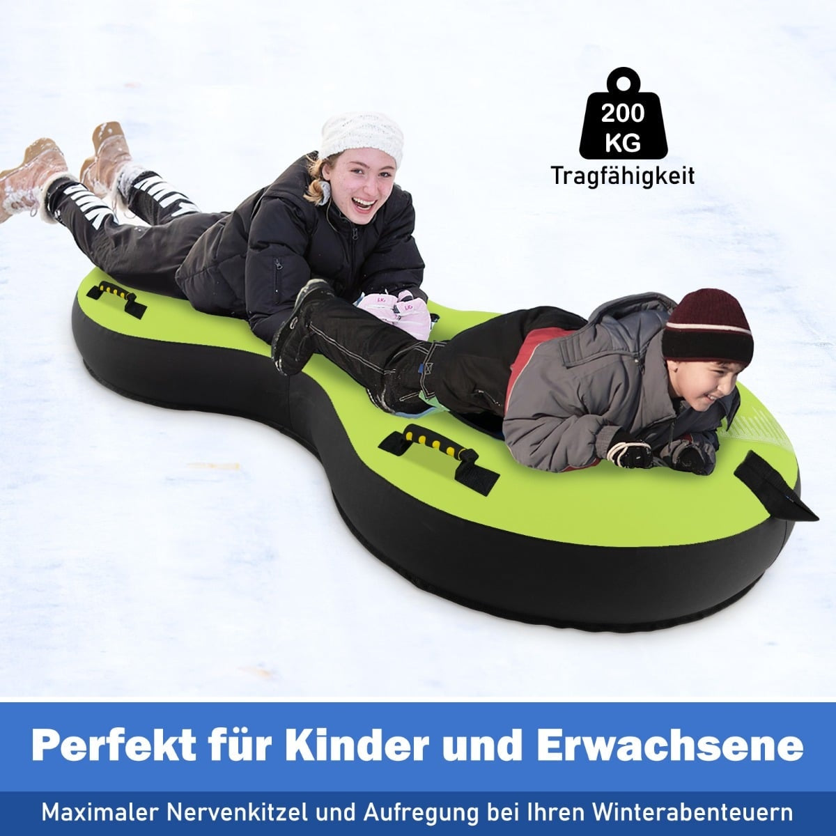Inflatable Snow Tube for 2, Green, Includes Pump & Handles