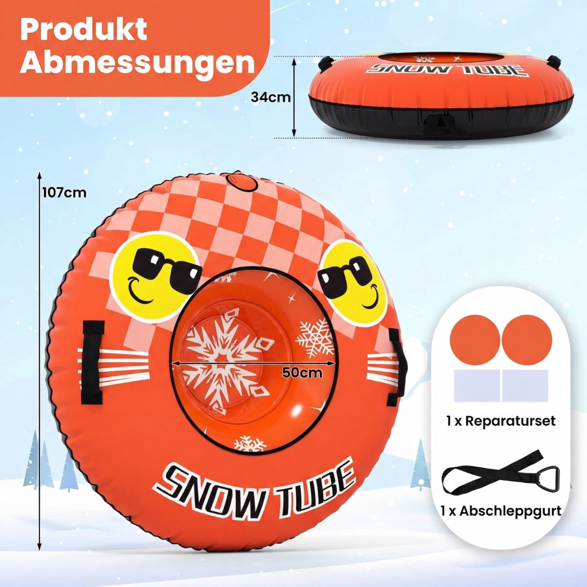 Inflatable Snow Tube with Handles & Tow Rope, Orange
