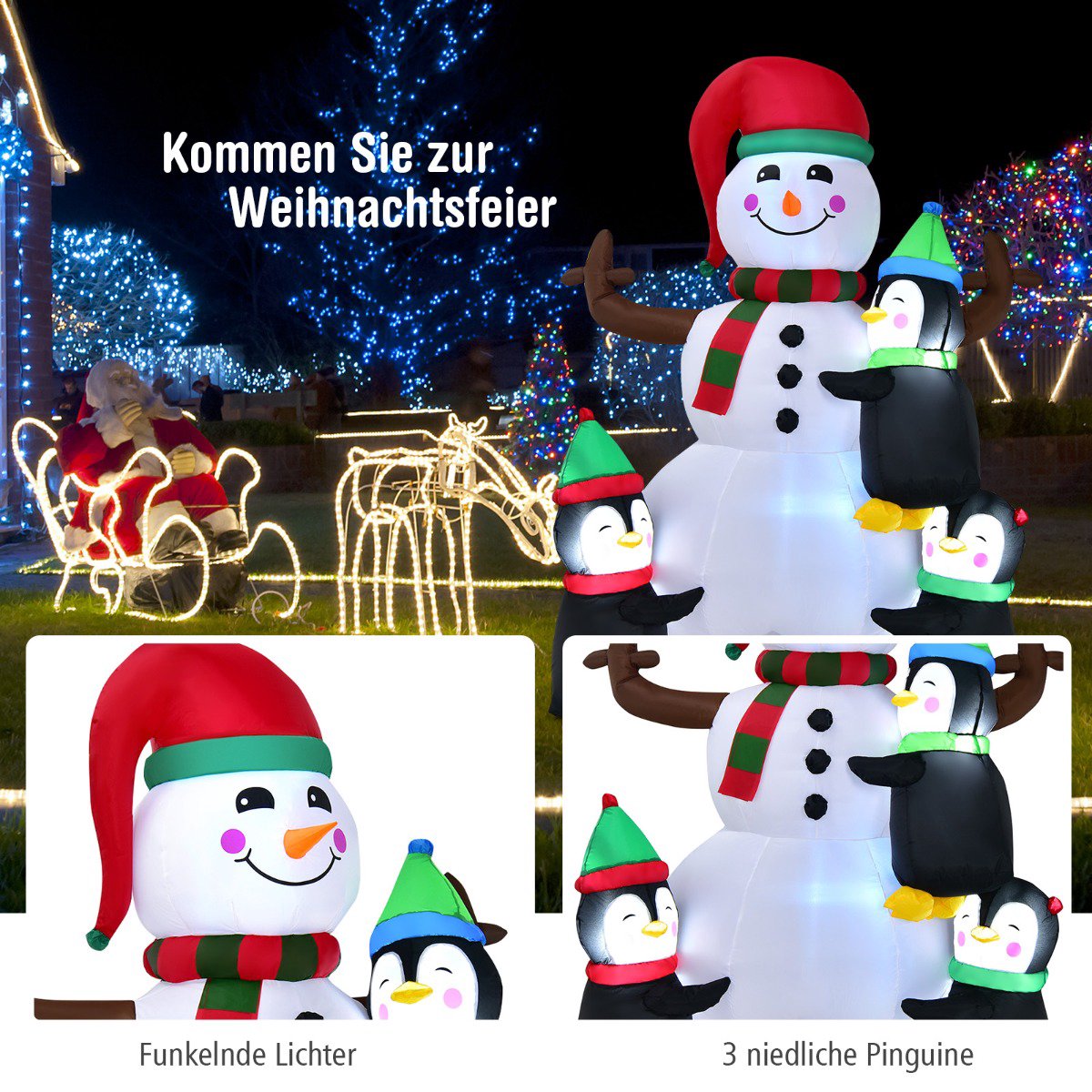 Inflatable Snowman With Penguins, LED Lights, 180 cm