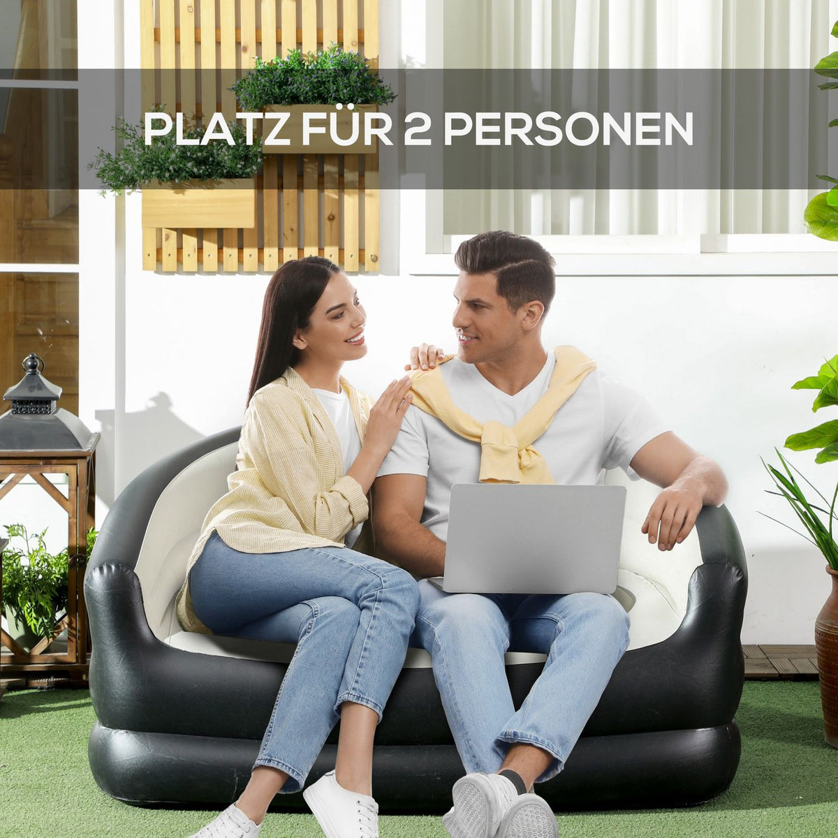 Inflatable Sofa Inflatable Couch With Soft Plush For 2 People, Indoor & Outdoor, Light Gray, 125X100X87Cm