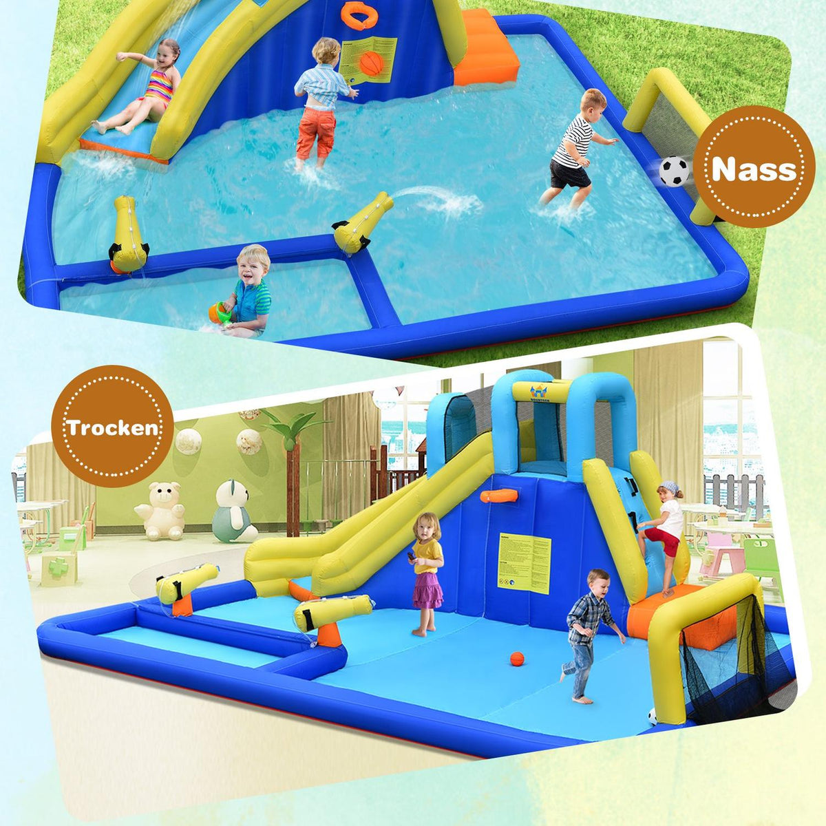 Inflatable Water Park 6-in-1 Bouncy Castle with Water Slide 526 x 373 x 203 cm Blue + Yellow