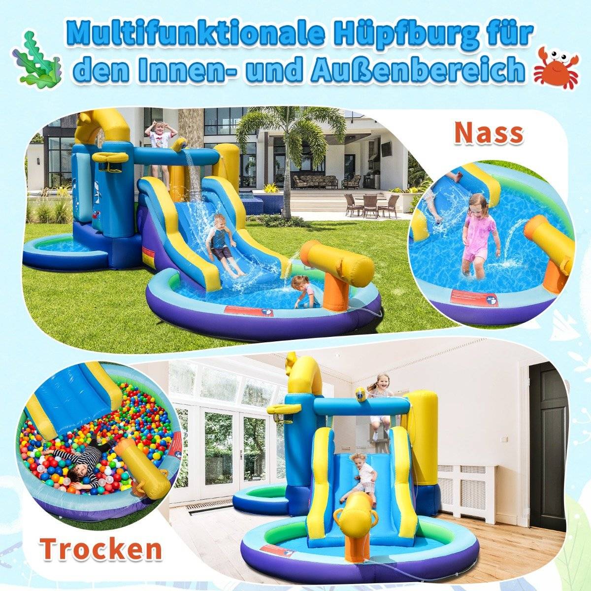 Inflatable Water Slide Park with 2 Pools & 680W Blower & Water Cannon Blue