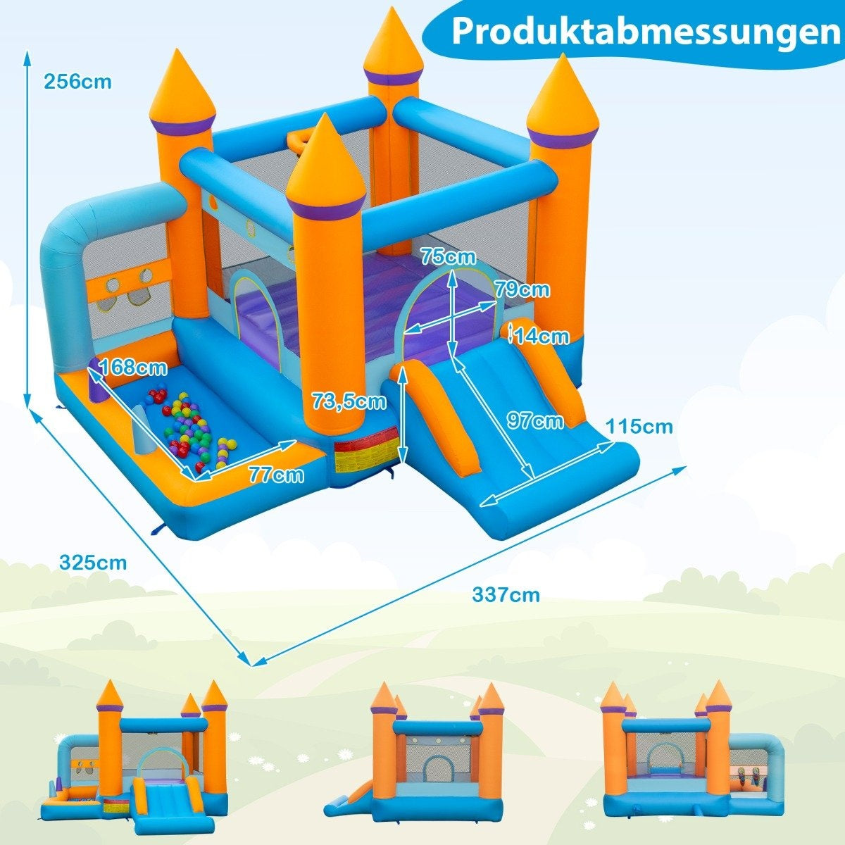 Inflatable bouncy castle for children with ball pit & slide & ring toss game. Includes 735W blower