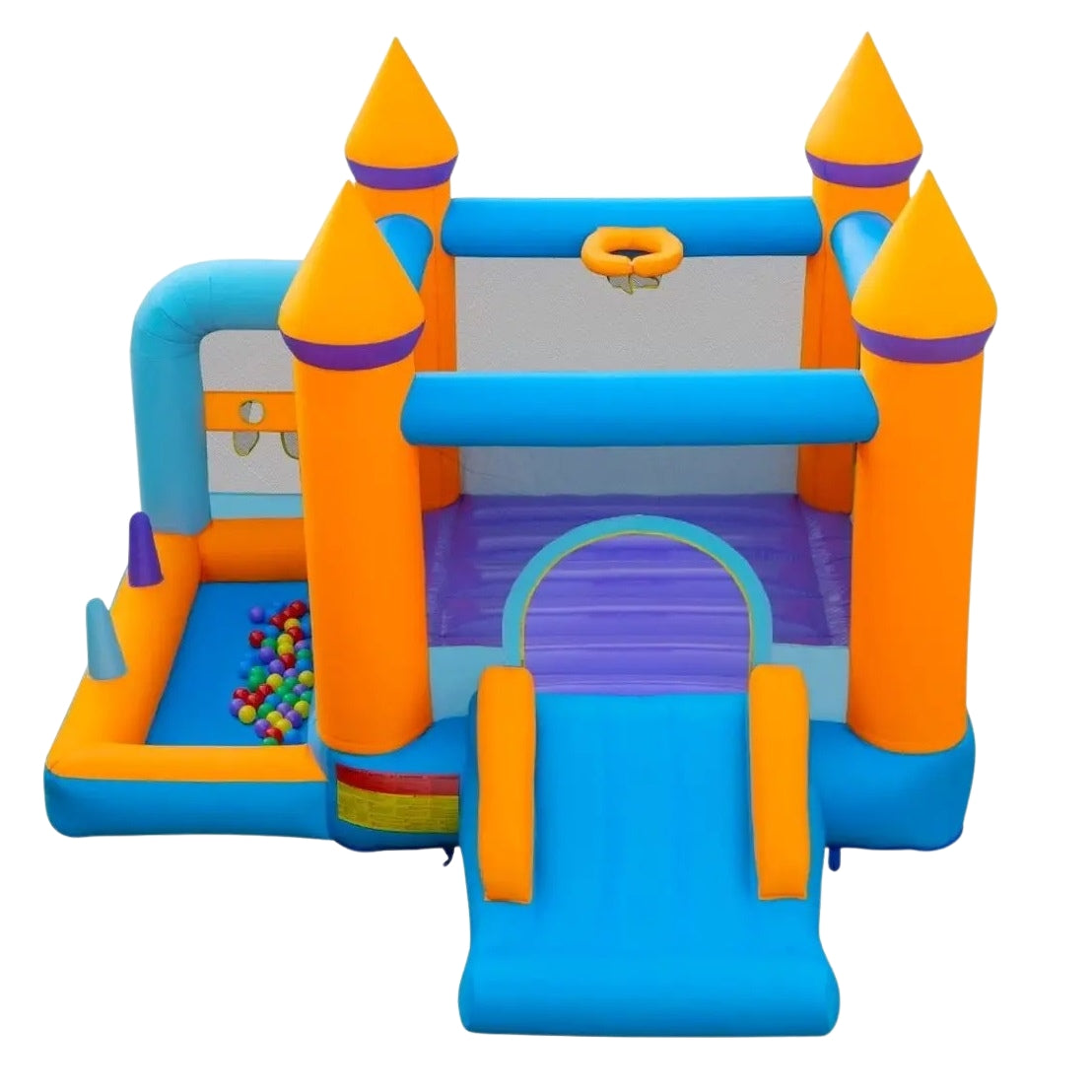 Inflatable bouncy castle for children with ball pit & slide & ring toss game. Includes 735W blower