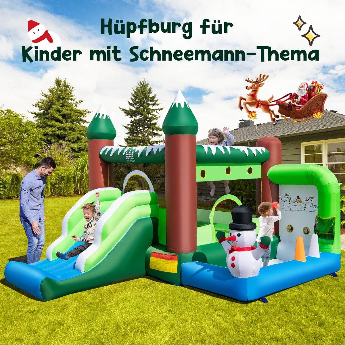 Inflatable bouncy castle for children with slide, ball pit, basketball hoop & throwing holes. Play paradise in winter motif with 735 W air blower