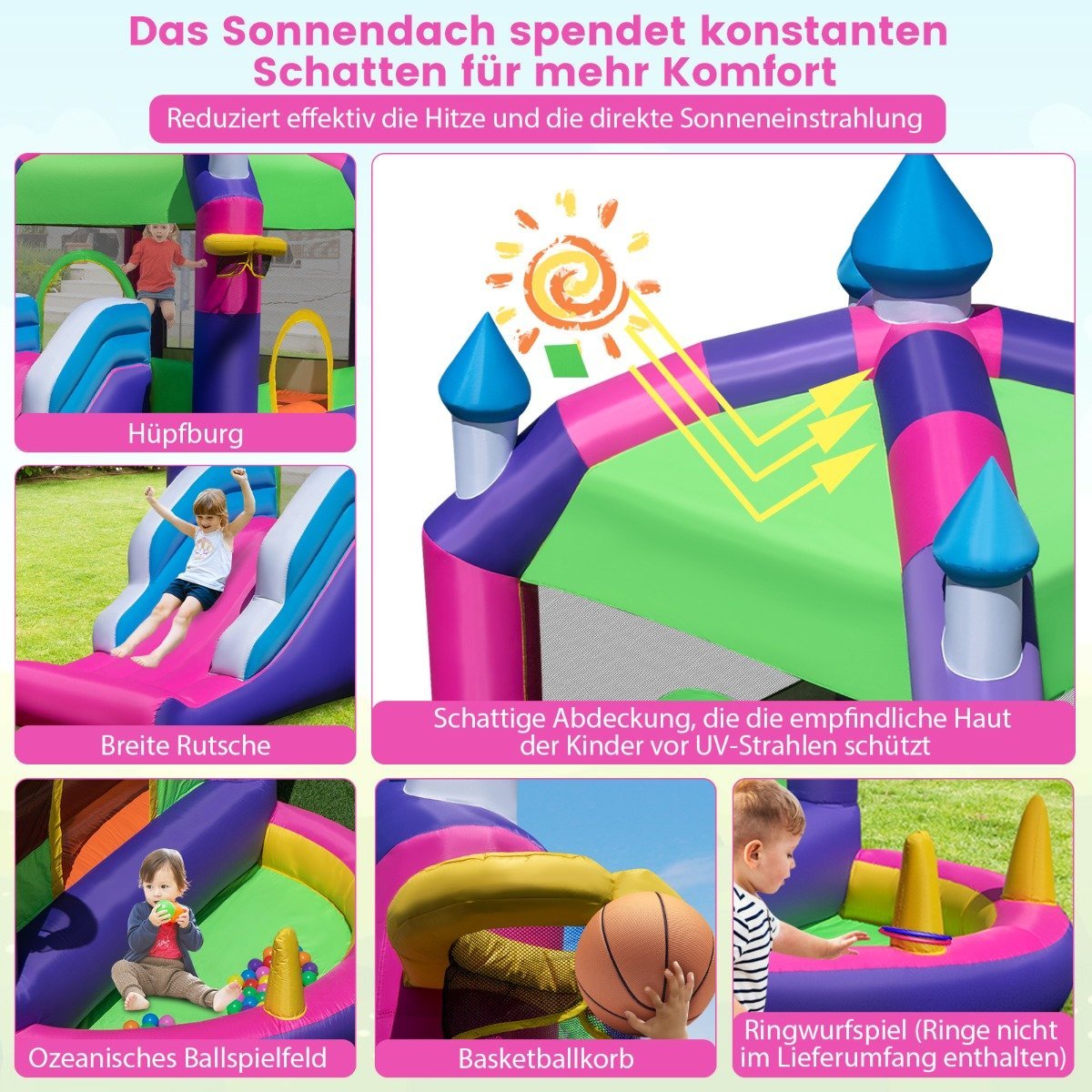 Inflatable bouncy castle with sun roof & slide & basketball hoop & ring toss game & repair kit