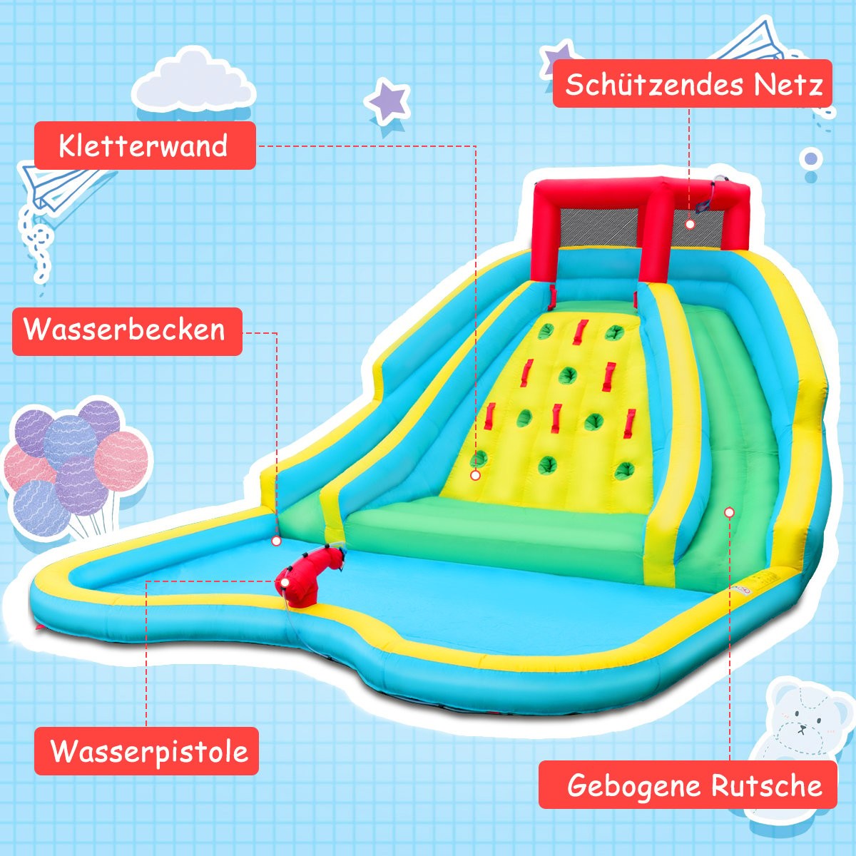 Inflatable bouncy castle with two water slides climbing wall 452 x 366 x 229 cm (bouncy castle only)