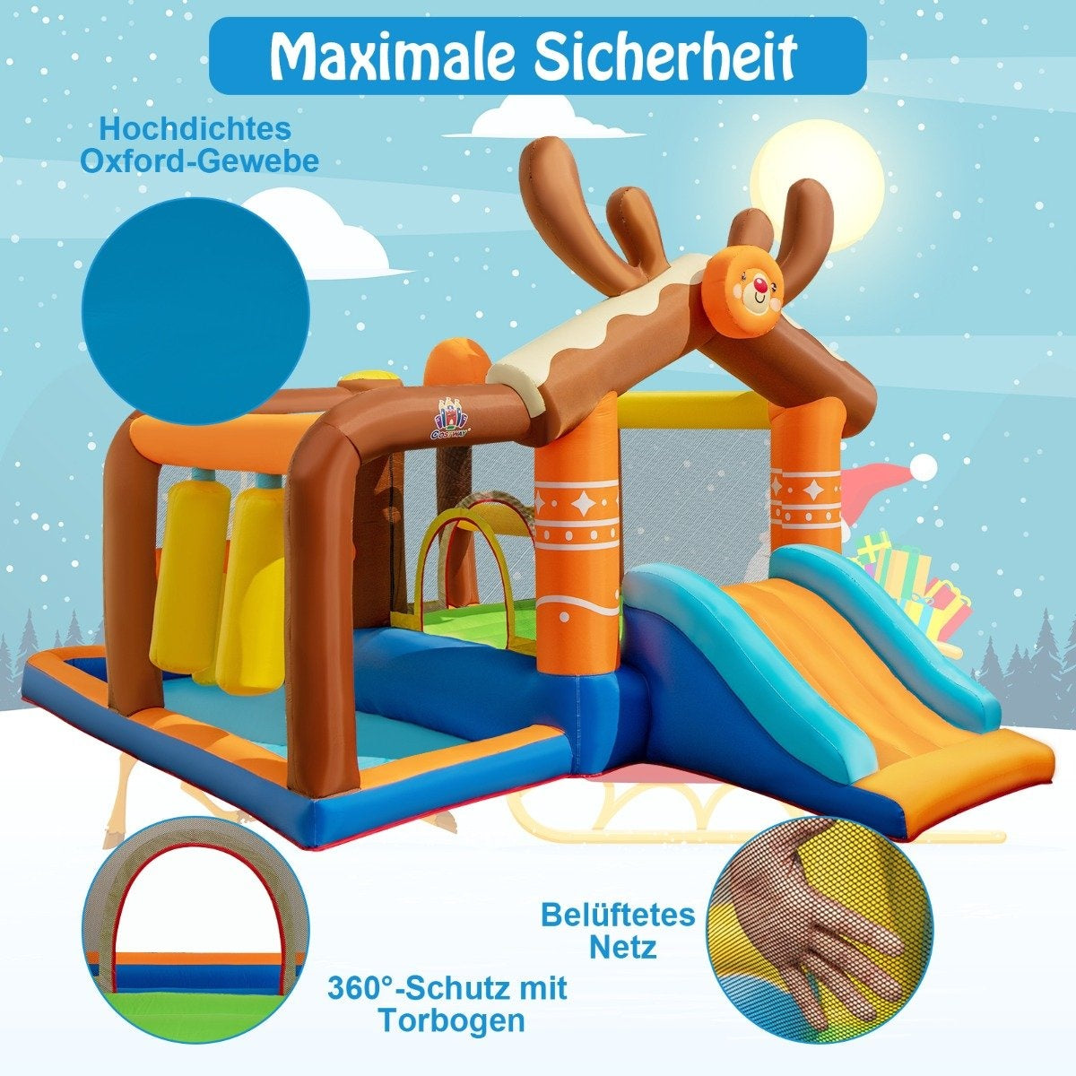 Inflatable reindeer bouncy castle with slide & 2 ball pits & throwing game 420 x 310 x 260 cm