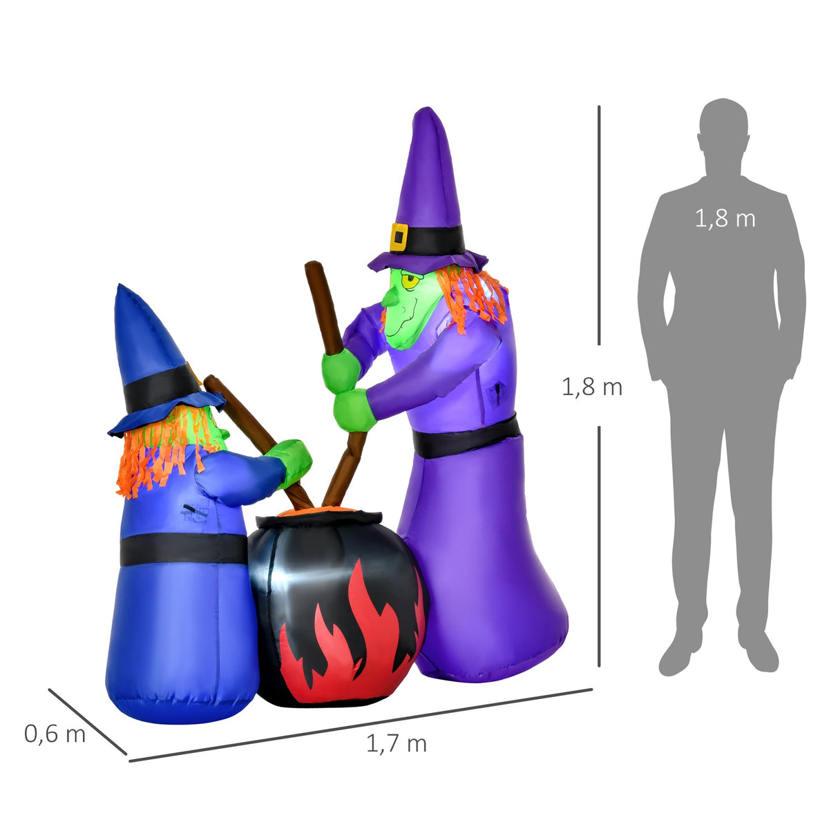 Inflatable witch cauldron figure air figure Halloween decoration with LED lighting, polyester, 170x60x180cm
