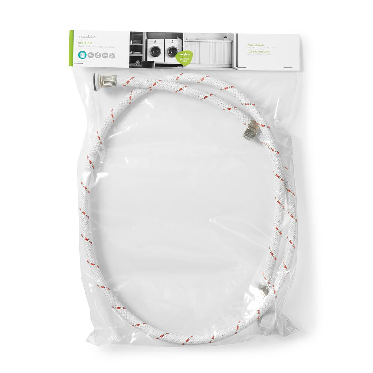 Inlet hose nylon | 3/4'' | 3/4'' | 10 Bar | 90 °C | 1.50 m | Usage: Dish / Washing machine | Nylon | Red-white