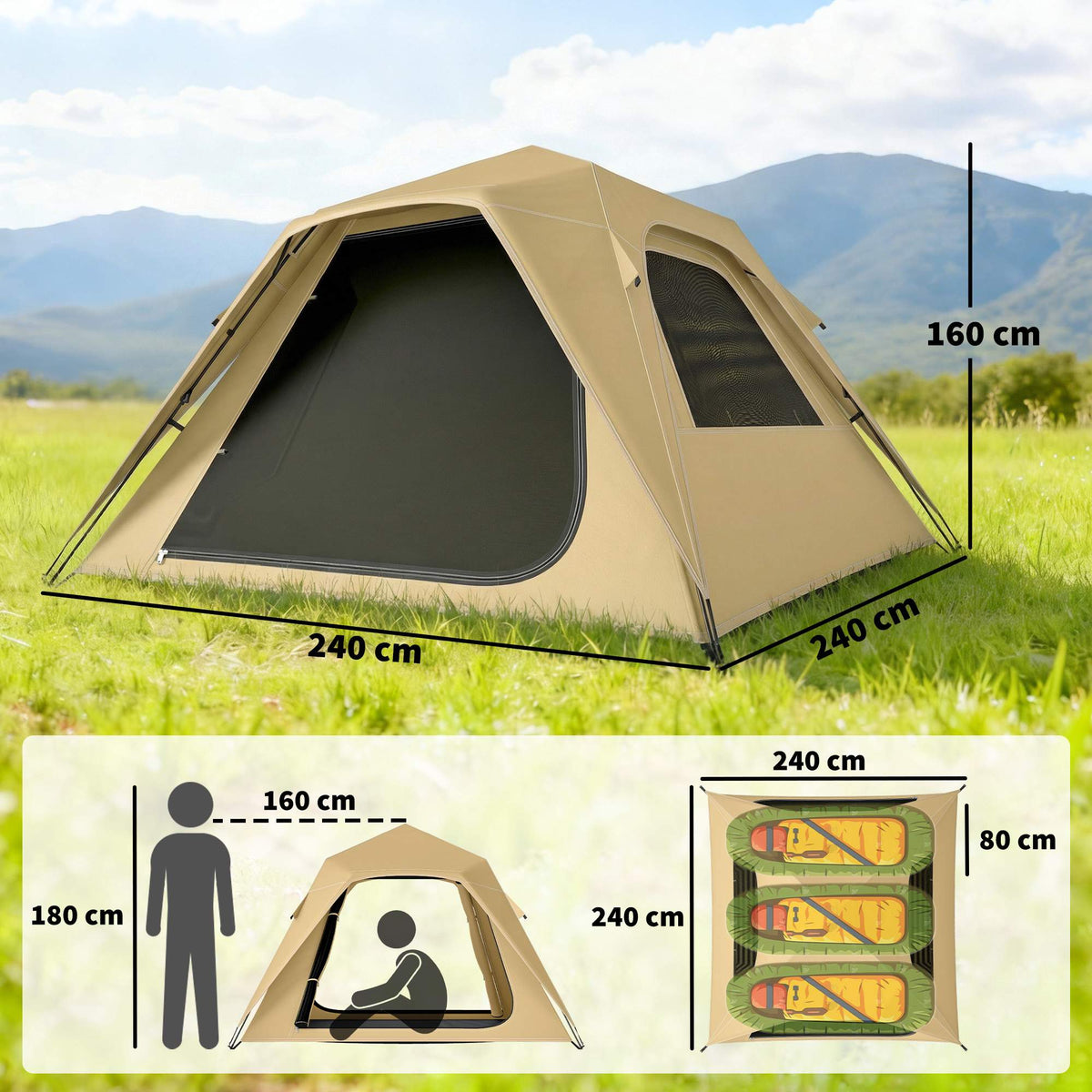 Instant Pop-Up Tent, Waterproof, 2-3 Person, 240x240x160 cm