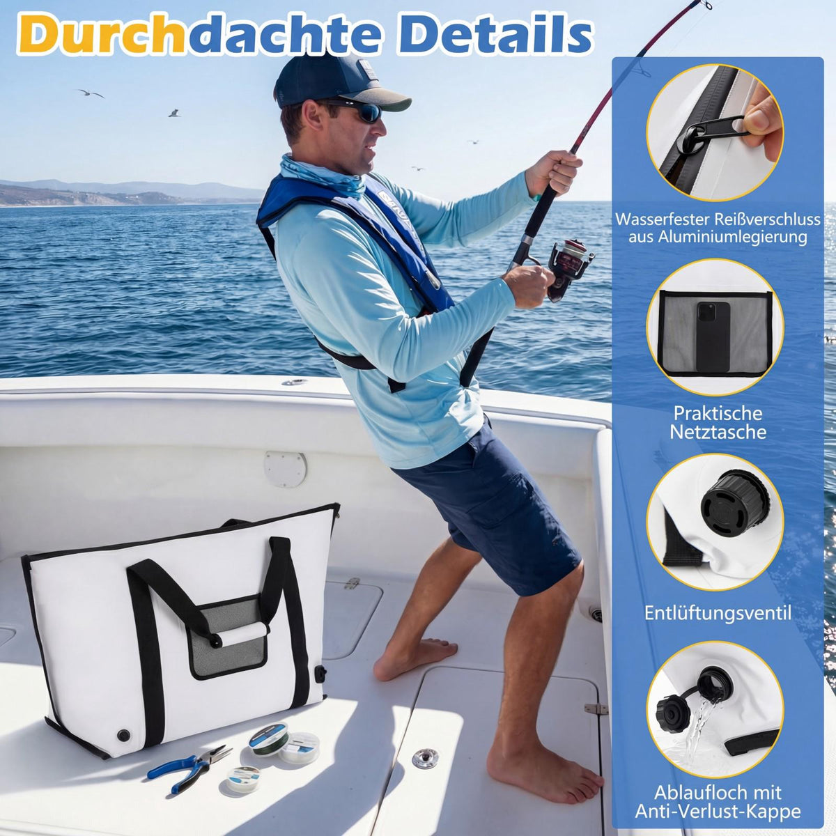 Insulated Fishing Cooler Bag, 98cm Waterproof PVC, Drain Valve