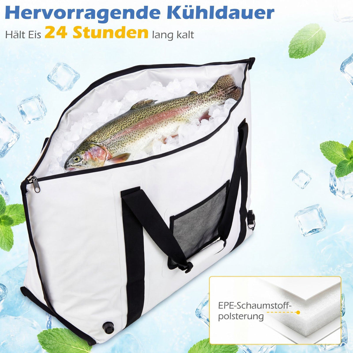 Insulated Fishing Cooler Bag, 98cm Waterproof PVC, Drain Valve