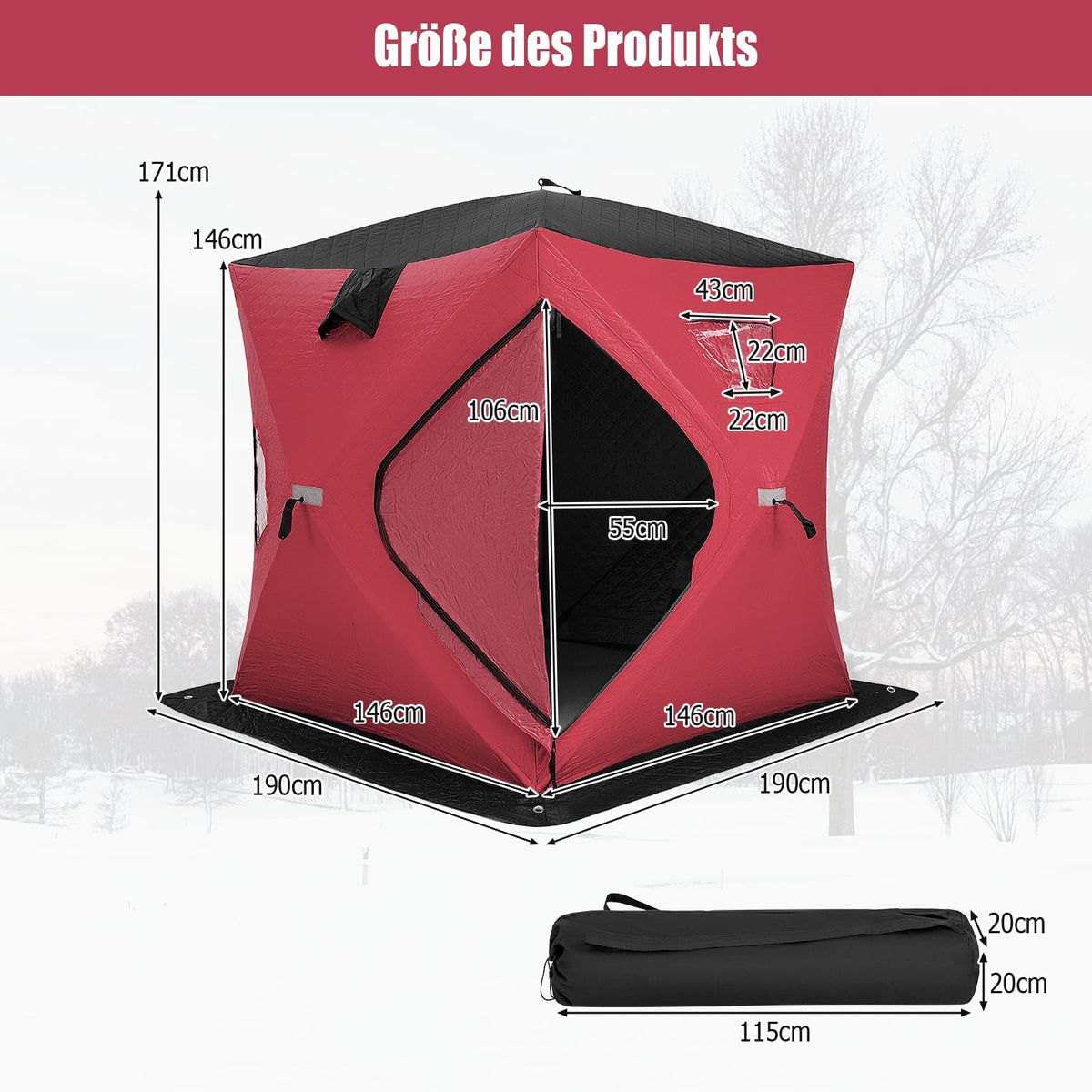 Insulated Pop-Up Ice Fishing Tent, 2-Person, Red