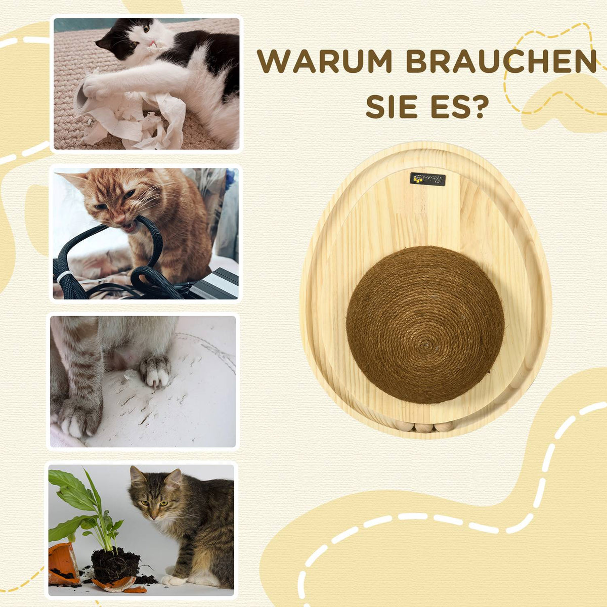 Interactive Cat Toy 2-In-1 Scratching Toy With Scratching Board And Marble Track, Jute, Pine Wood, Natural + Coffee, 39.5X32.5X14.5 Cm