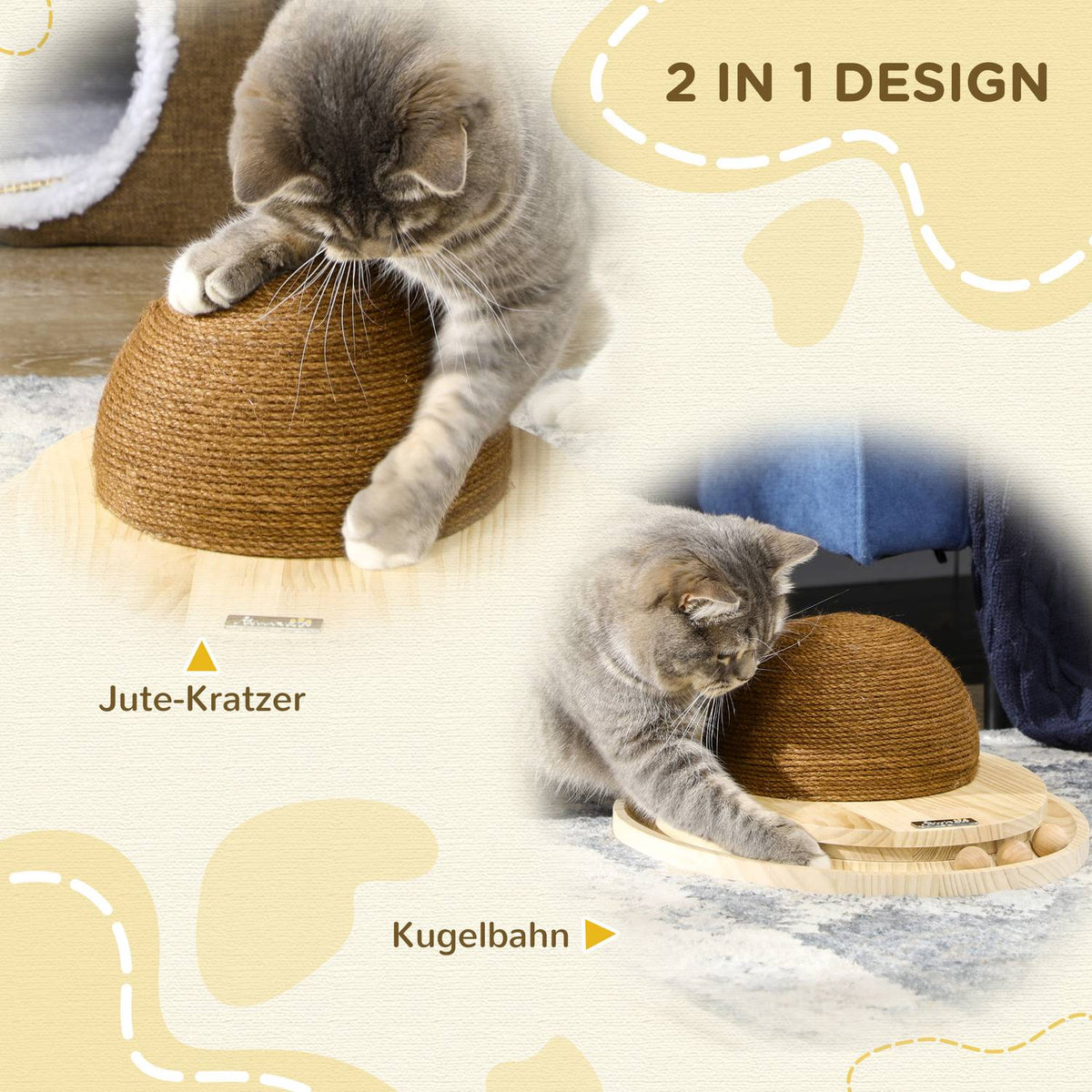 Interactive Cat Toy 2-In-1 Scratching Toy With Scratching Board And Marble Track, Jute, Pine Wood, Natural + Coffee, 39.5X32.5X14.5 Cm