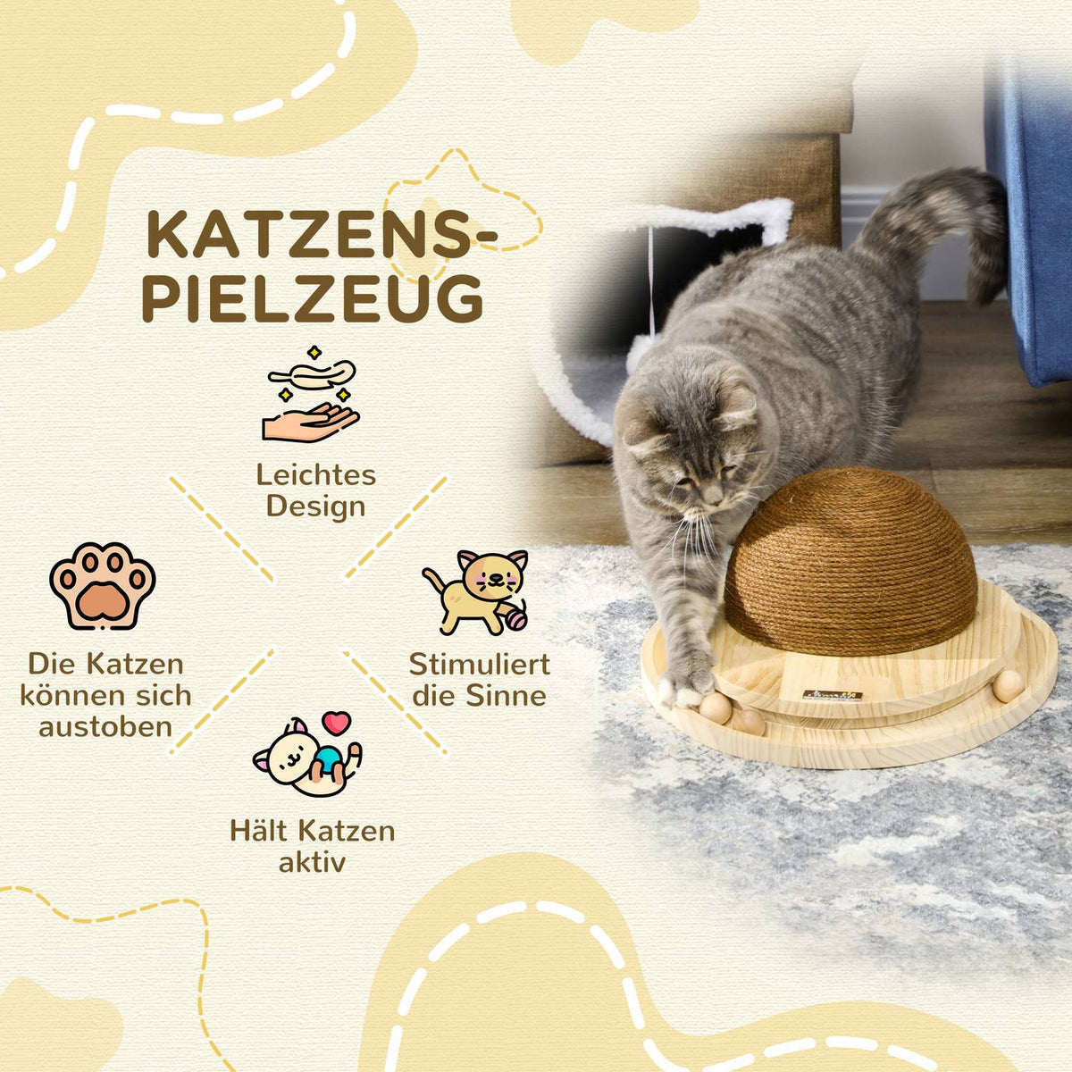 Interactive Cat Toy 2-In-1 Scratching Toy With Scratching Board And Marble Track, Jute, Pine Wood, Natural + Coffee, 39.5X32.5X14.5 Cm