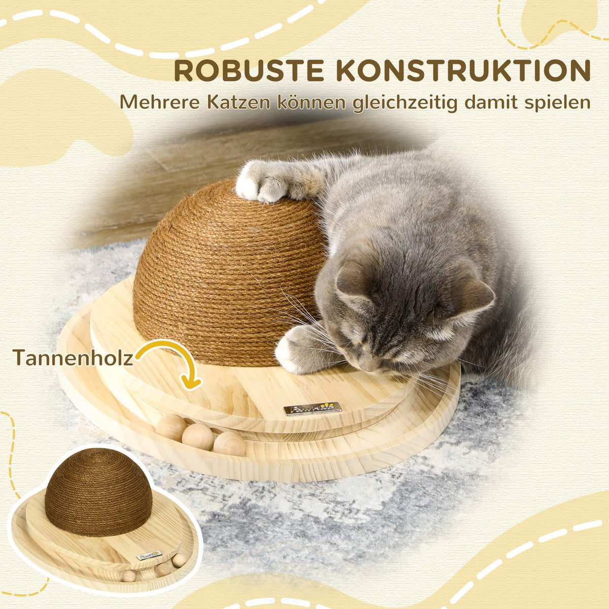Interactive Cat Toy 2-In-1 Scratching Toy With Scratching Board And Marble Track, Jute, Pine Wood, Natural + Coffee, 39.5X32.5X14.5 Cm
