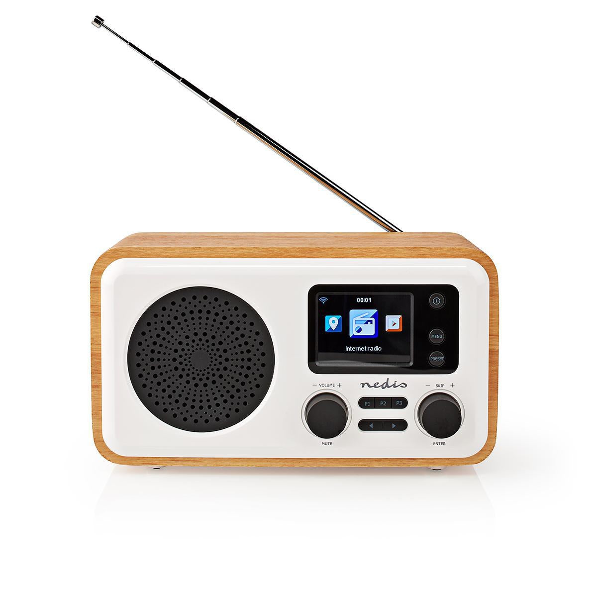 Internet Radio | Desktop design | Bluetooth® / Wi-Fi | DAB+ / FM / Internet | 2.4 " | Color screen | 7 W | Remote control | App controlled | Alarm clock | Sleep timer | Brown / White