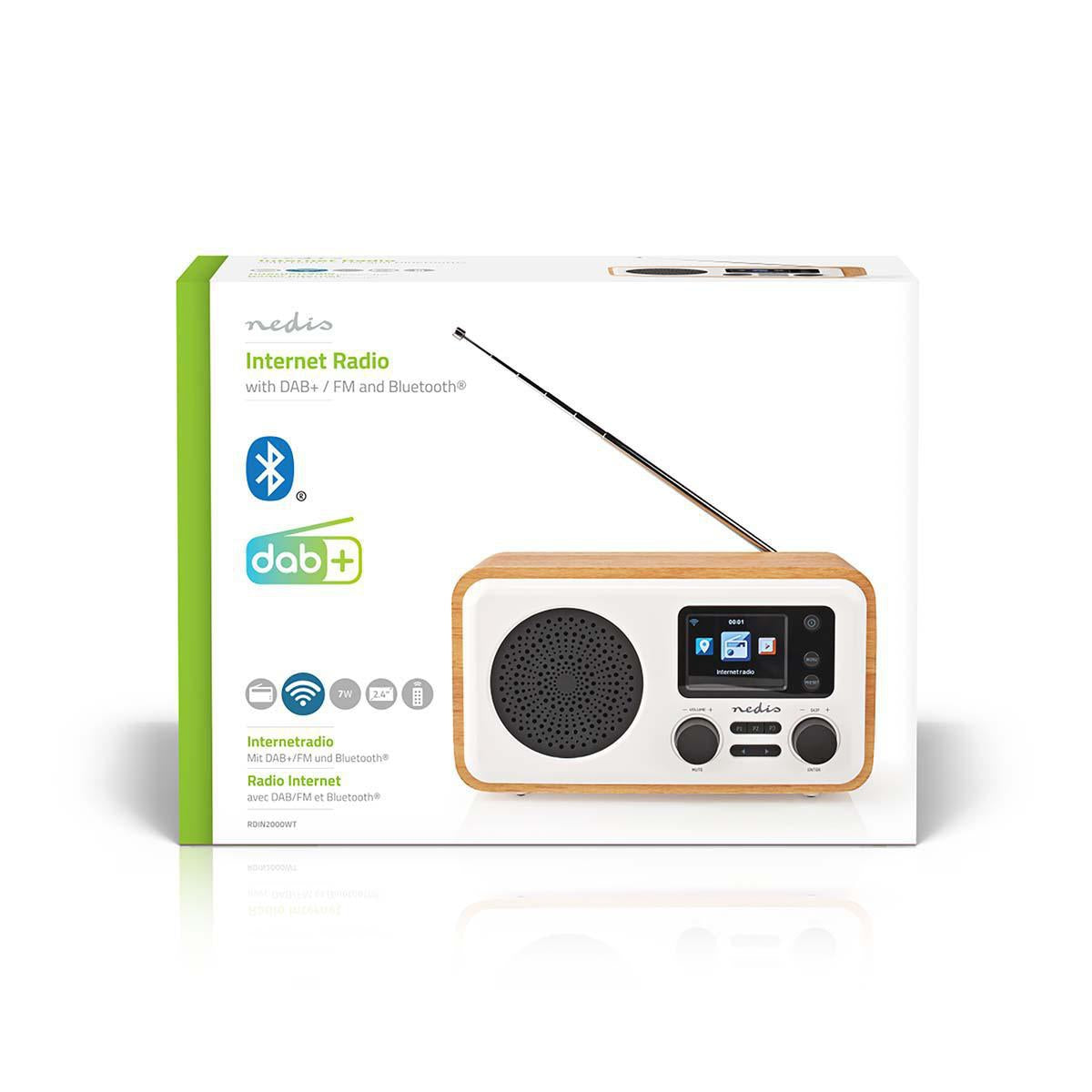 Internet Radio | Desktop design | Bluetooth® / Wi-Fi | DAB+ / FM / Internet | 2.4 " | Color screen | 7 W | Remote control | App controlled | Alarm clock | Sleep timer | Brown / White
