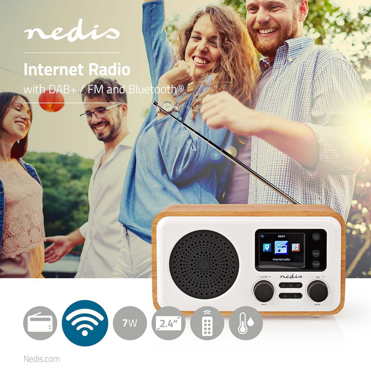 Internet Radio | Desktop design | Bluetooth® / Wi-Fi | DAB+ / FM / Internet | 2.4 " | Color screen | 7 W | Remote control | App controlled | Alarm clock | Sleep timer | Brown / White
