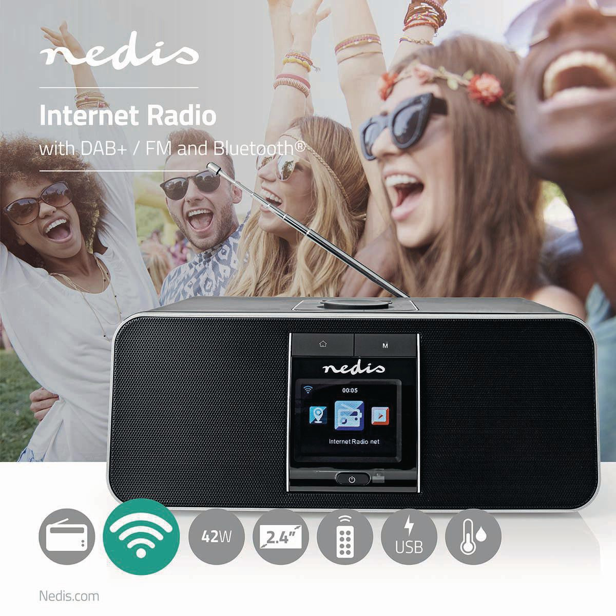 Internet Radio | Table Design | Bluetooth® / Wi-Fi | DAB+ / FM / Internet | 2.4 " | Colour Screen | 42 W | Remote controlled | App controlled | Headphone output | Alarm clock | Sleep timer | Black