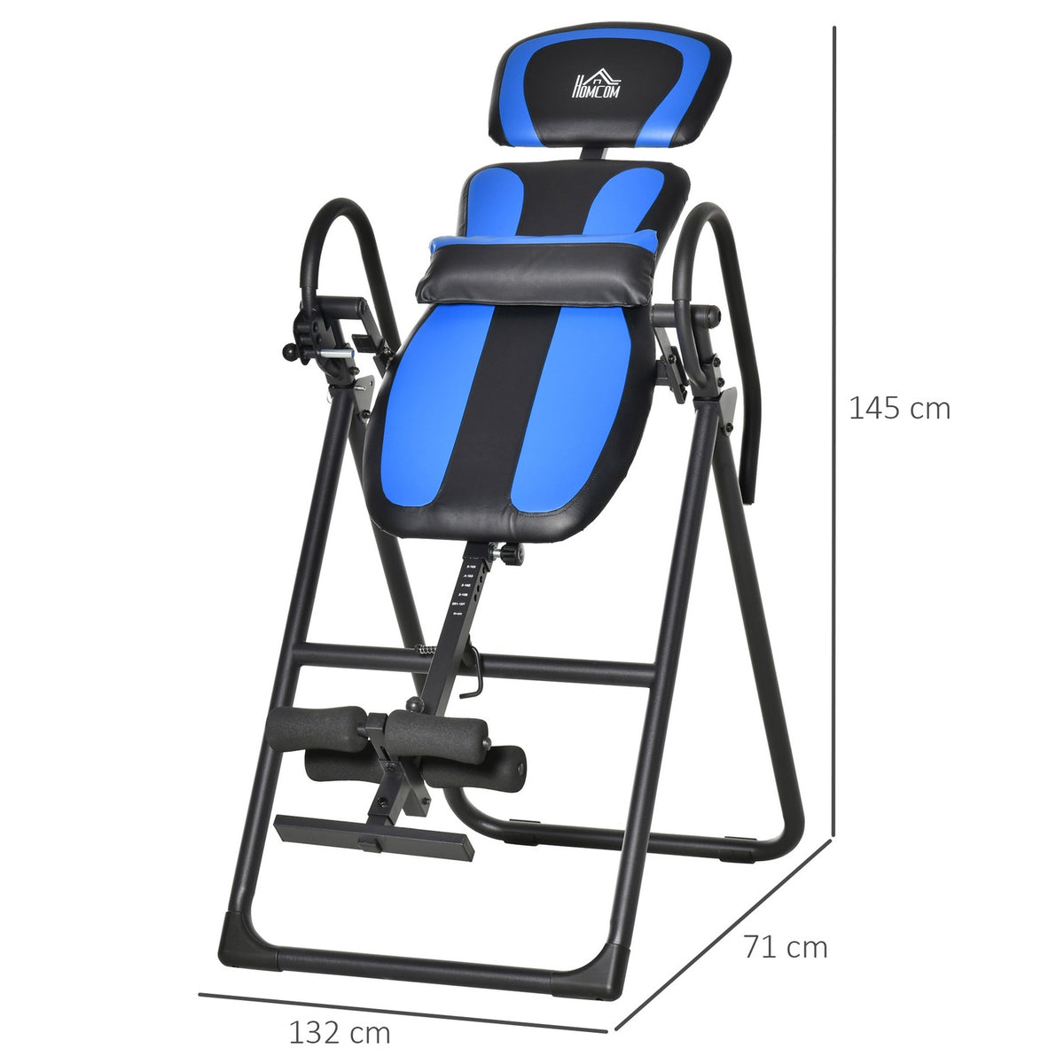Inversion bench foldable gravity trainer with movable wheels, adjustable back cushion, metal ABS, black + blue, 132x71x145cm