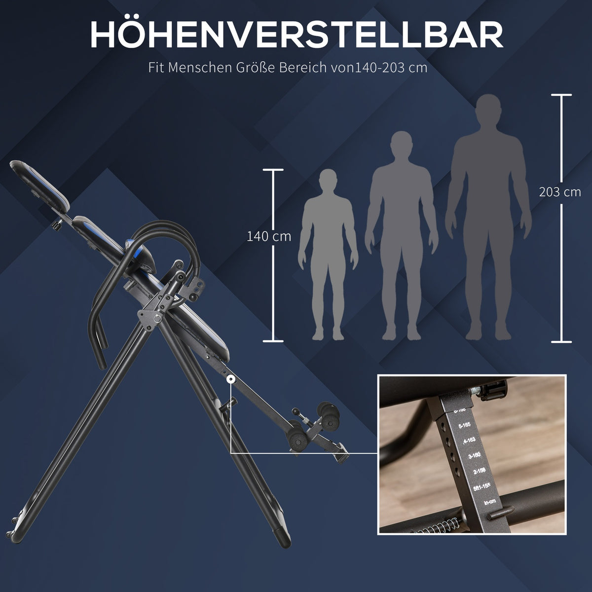 Inversion bench foldable gravity trainer with movable wheels, adjustable back cushion, metal ABS, black + blue, 132x71x145cm