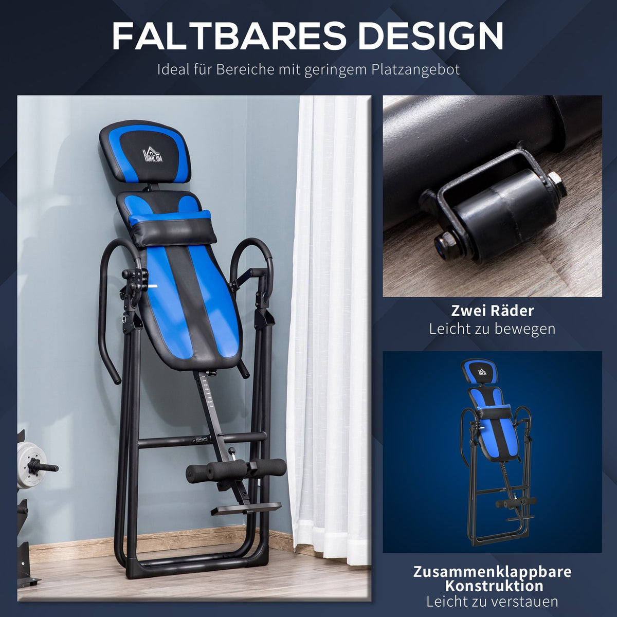 Inversion bench foldable gravity trainer with movable wheels, adjustable back cushion, metal ABS, black + blue, 132x71x145cm