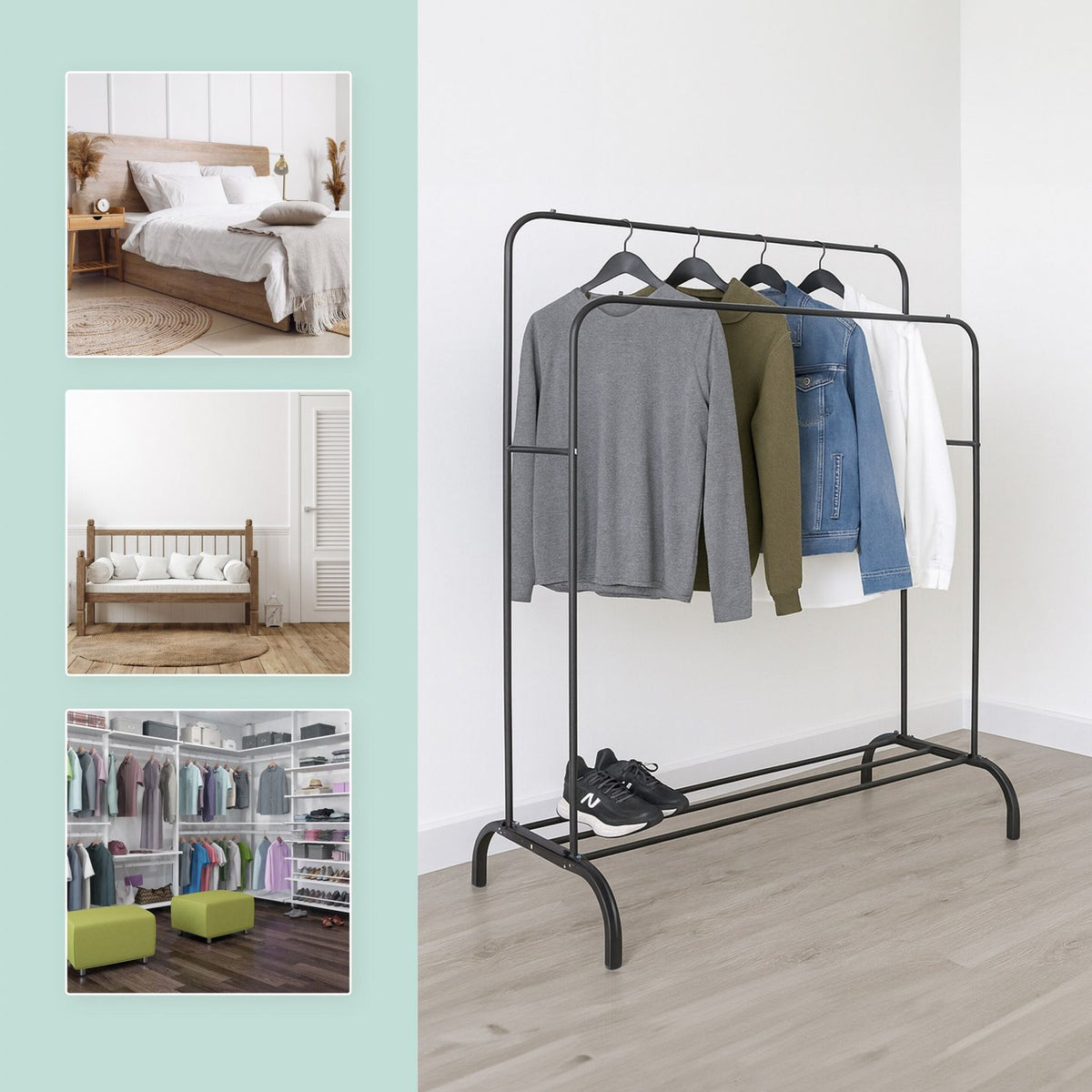 Iron Coat Rack with 2 Bars and Shelf