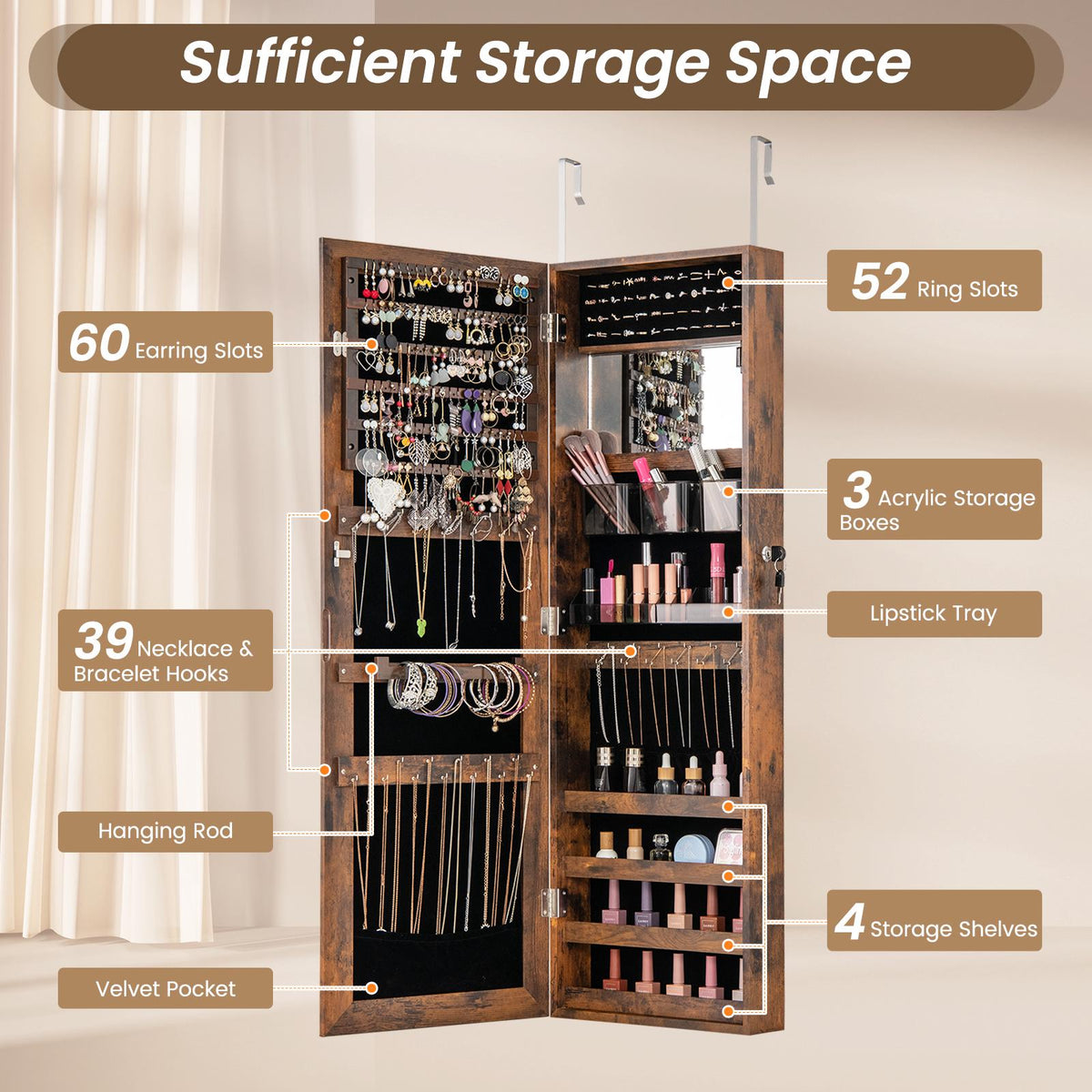 Jewelry Armoire, 110 cm Full-Length Mirror, Lockable